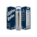 Silber Edelstahlgebürstet AquaFlask Colorwave Chill Bottle Edelstahl Trinkflasche 650 ml (22 oz) mit Schraubdeckel neben Originalverpackung in Alpine Swiss