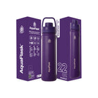 Lila AquaFlask Sports Lid Bottle Edelstahl Trinkflasche 650 ml (22 oz) mit Sports Lid und Haltegriff neben Originalverpackung in Amethyst