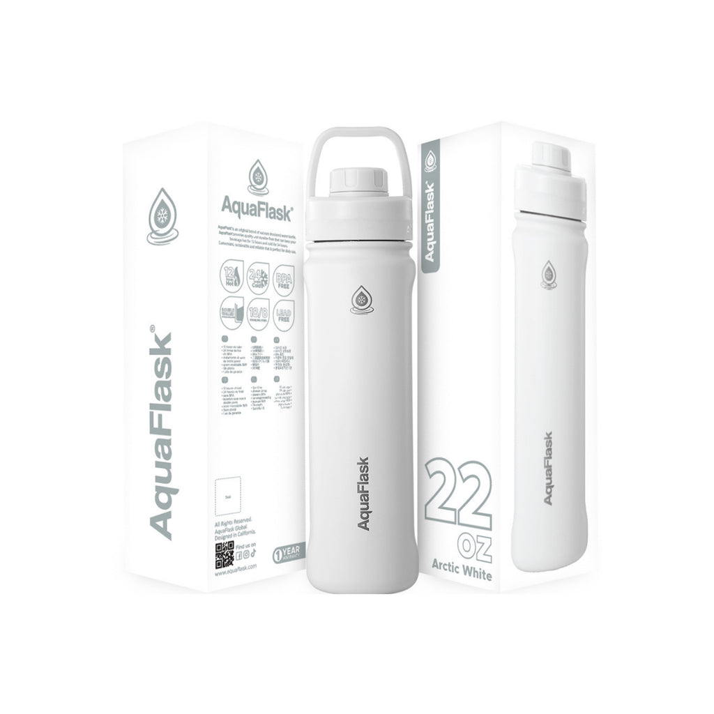 Weiße AquaFlask Sports Lid Bottle Edelstahl Trinkflasche 650 ml (22 oz) mit Sports Lid und Haltegriff neben Originalverpackung in Arctic White