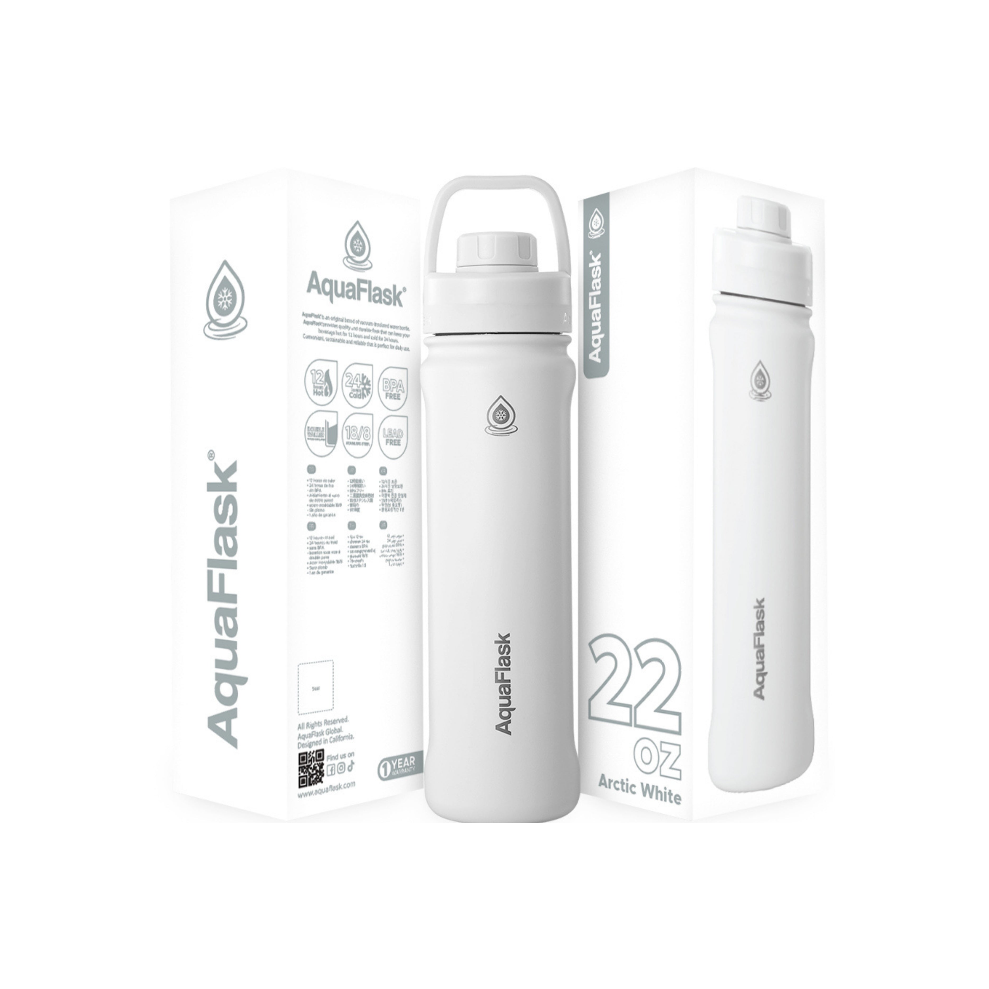 Weiße AquaFlask Sports Lid Bottle Edelstahl Trinkflasche 650 ml (22 oz) mit Sports Lid und Haltegriff neben Originalverpackung in Arctic White