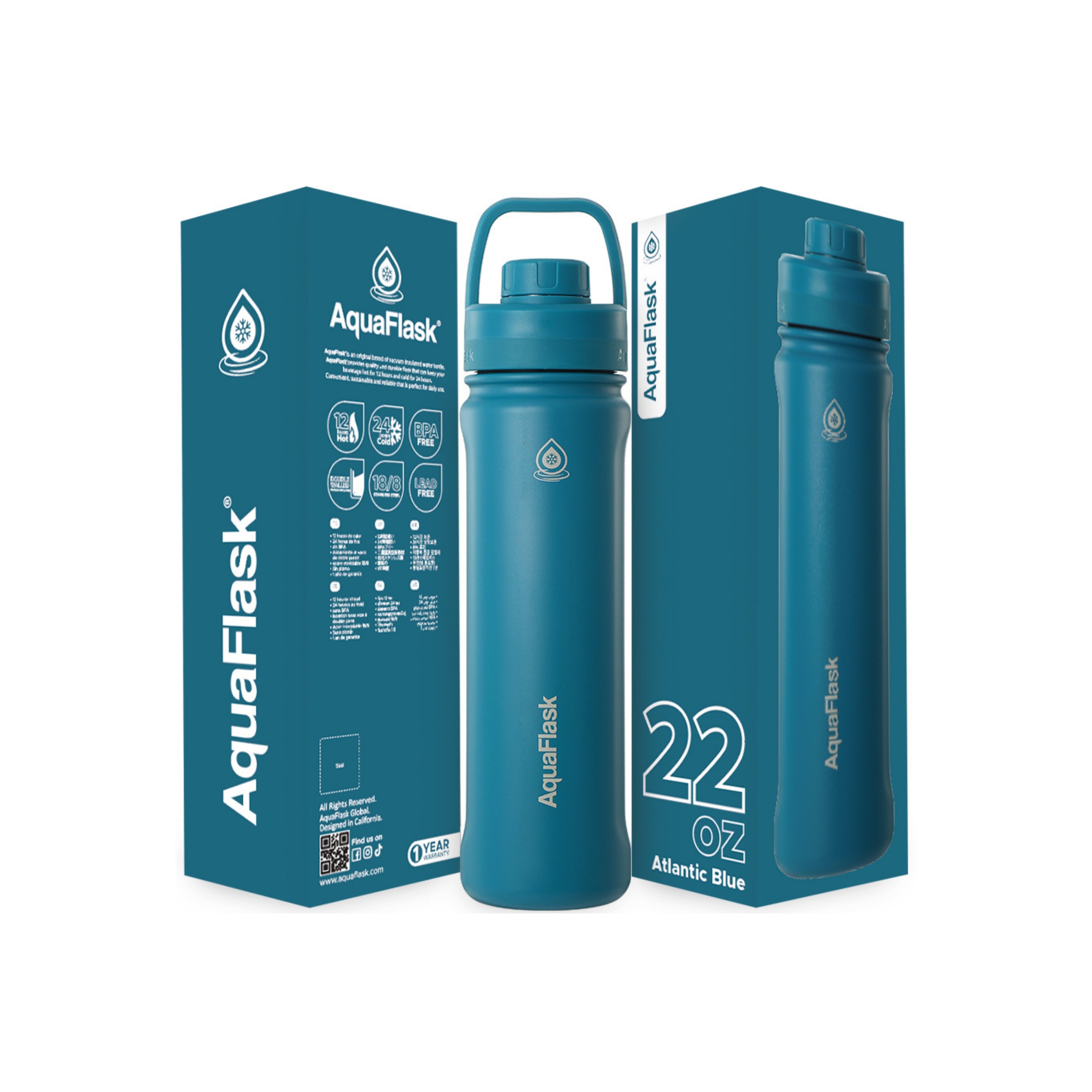 Blau AquaFlask Sports Lid Bottle Edelstahl Trinkflasche 650 ml (22 oz) mit Sports Lid und Haltegriff neben Originalverpackung in Atlantic Blue