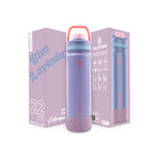 Lila AquaFlask Colorwave Chill Bottle Edelstahl Trinkflasche 650 ml (22 oz) mit Schraubdeckel neben Originalverpackung in Blue Lavender