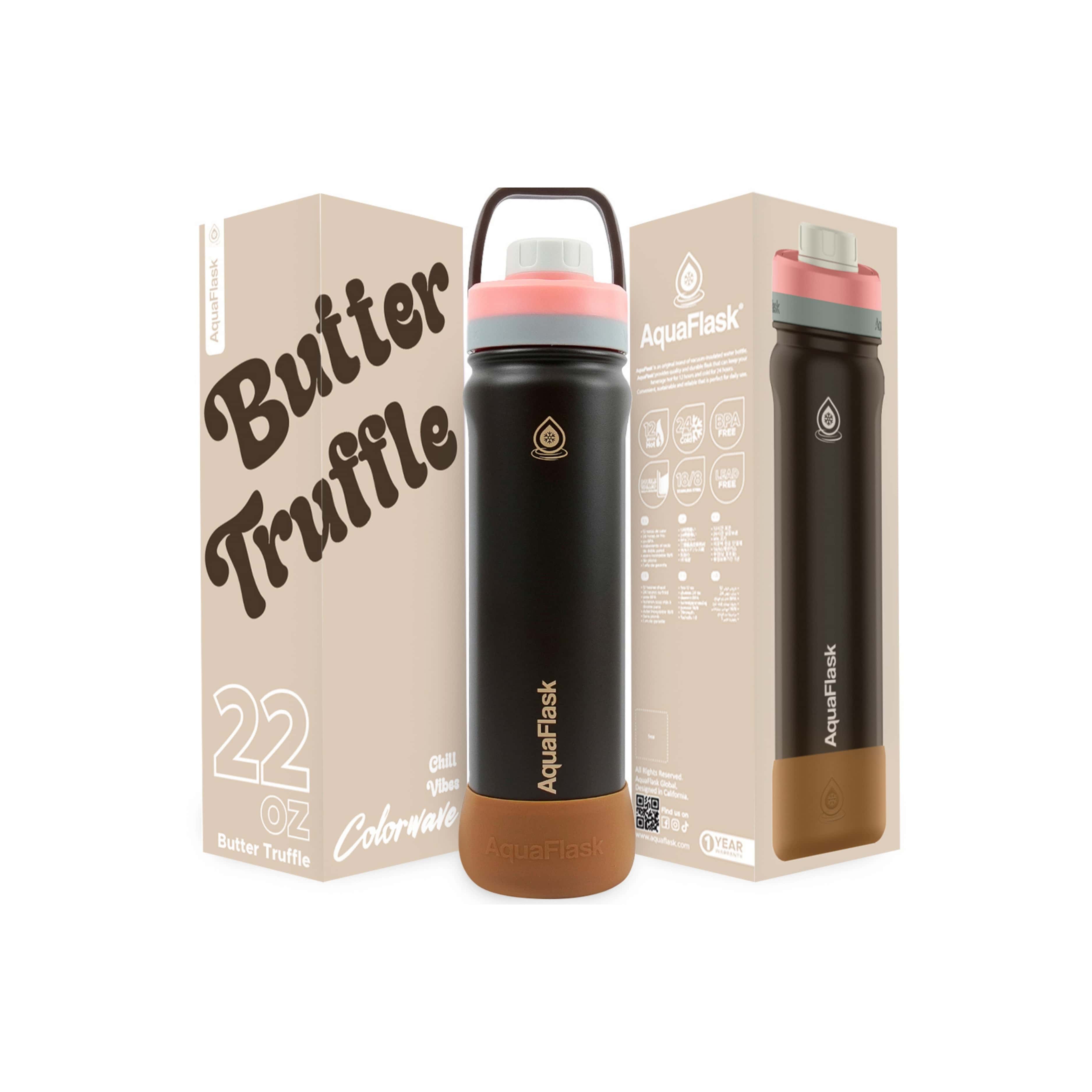 Braun AquaFlask Colorwave Chill Bottle Edelstahl Trinkflasche 650 ml (22 oz) mit Schraubdeckel neben Originalverpackung in Butter Truffle