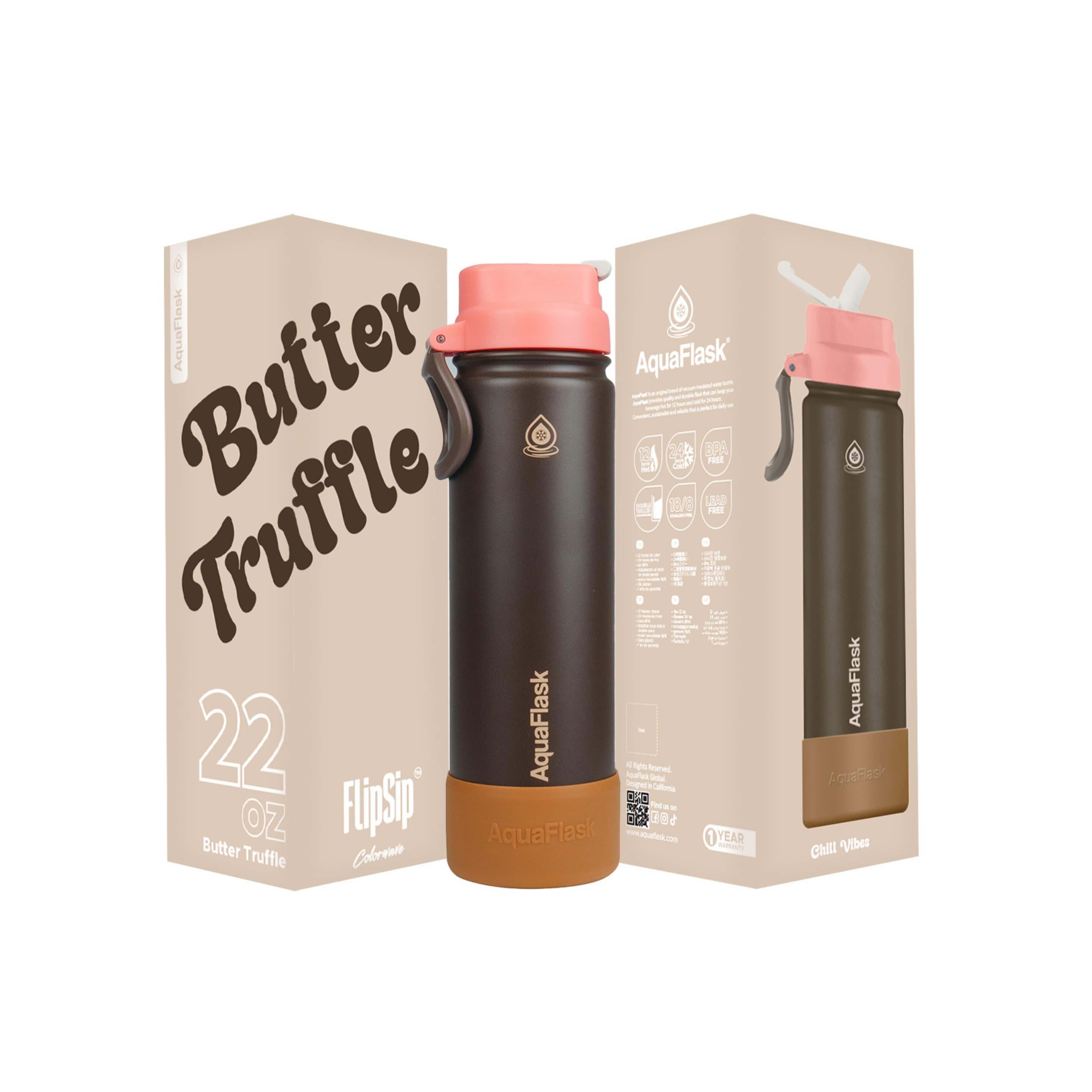 Braun AquaFlask Colorwave Flip Sip Lid Collection Edelstahl Trinkflasche 650 ml (22 oz) mit Flip-Sip-Deckel neben Originalverpackung in Butter Truffle