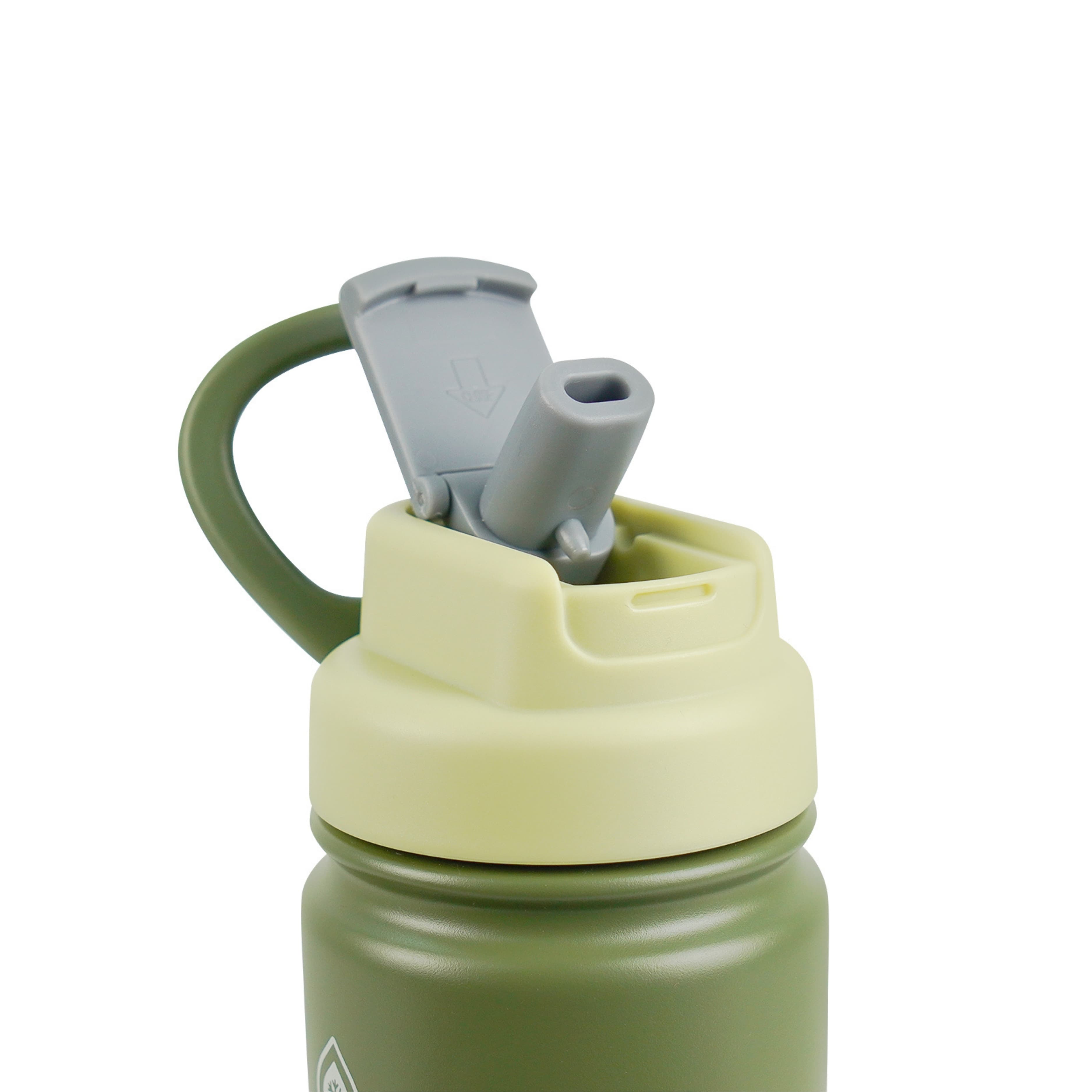 Detailaufnahme des grünen Flip-Sip-Deckels der AquaFlask Colorwave Flip Sip Lid Collection Edelstahl Trinkflasche 650 ml (22 oz) geöffnet