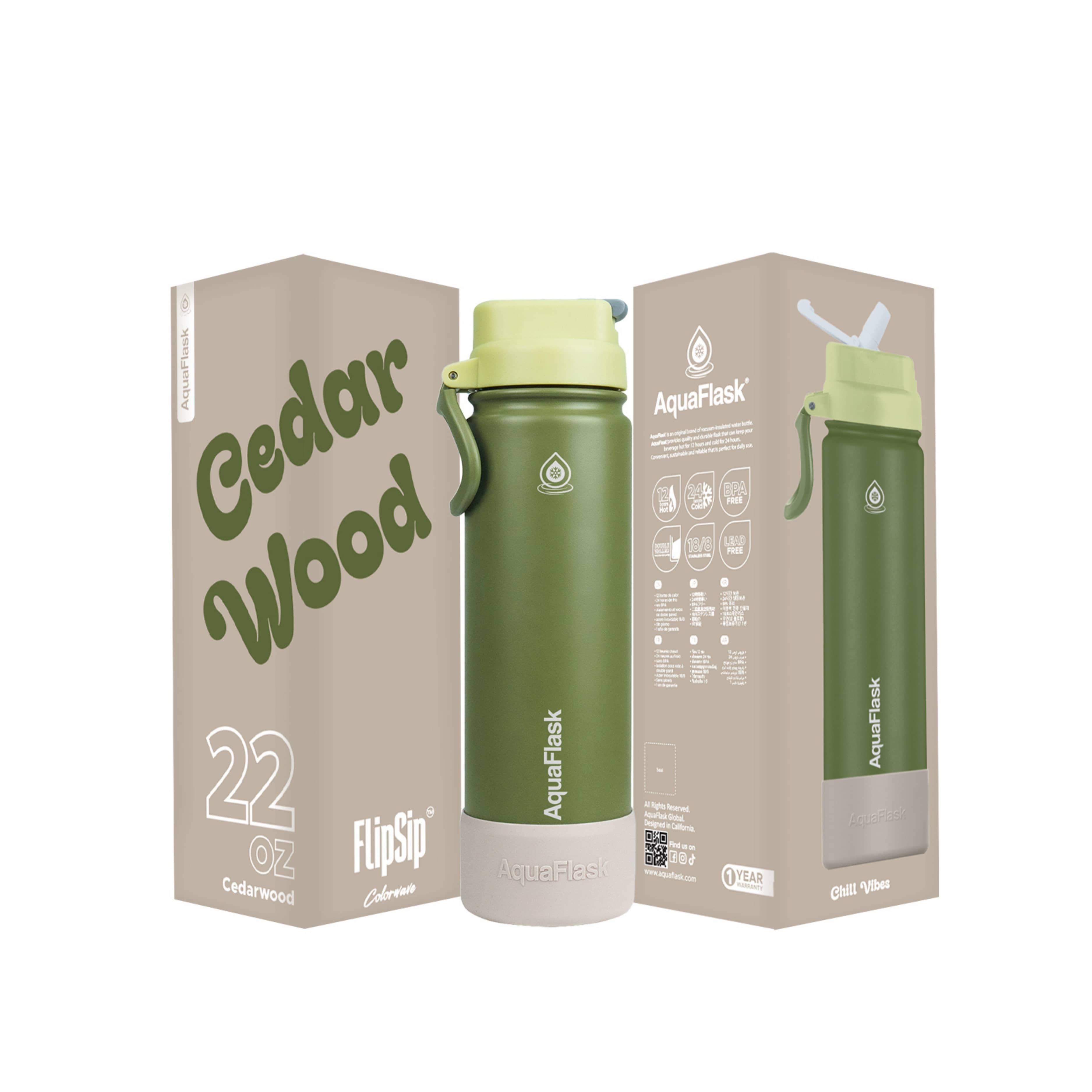 Grün AquaFlask Colorwave Flip Sip Lid Collection Edelstahl Trinkflasche 650 ml (22 oz) mit Flip-Sip-Deckel neben Originalverpackung in Cedarwood