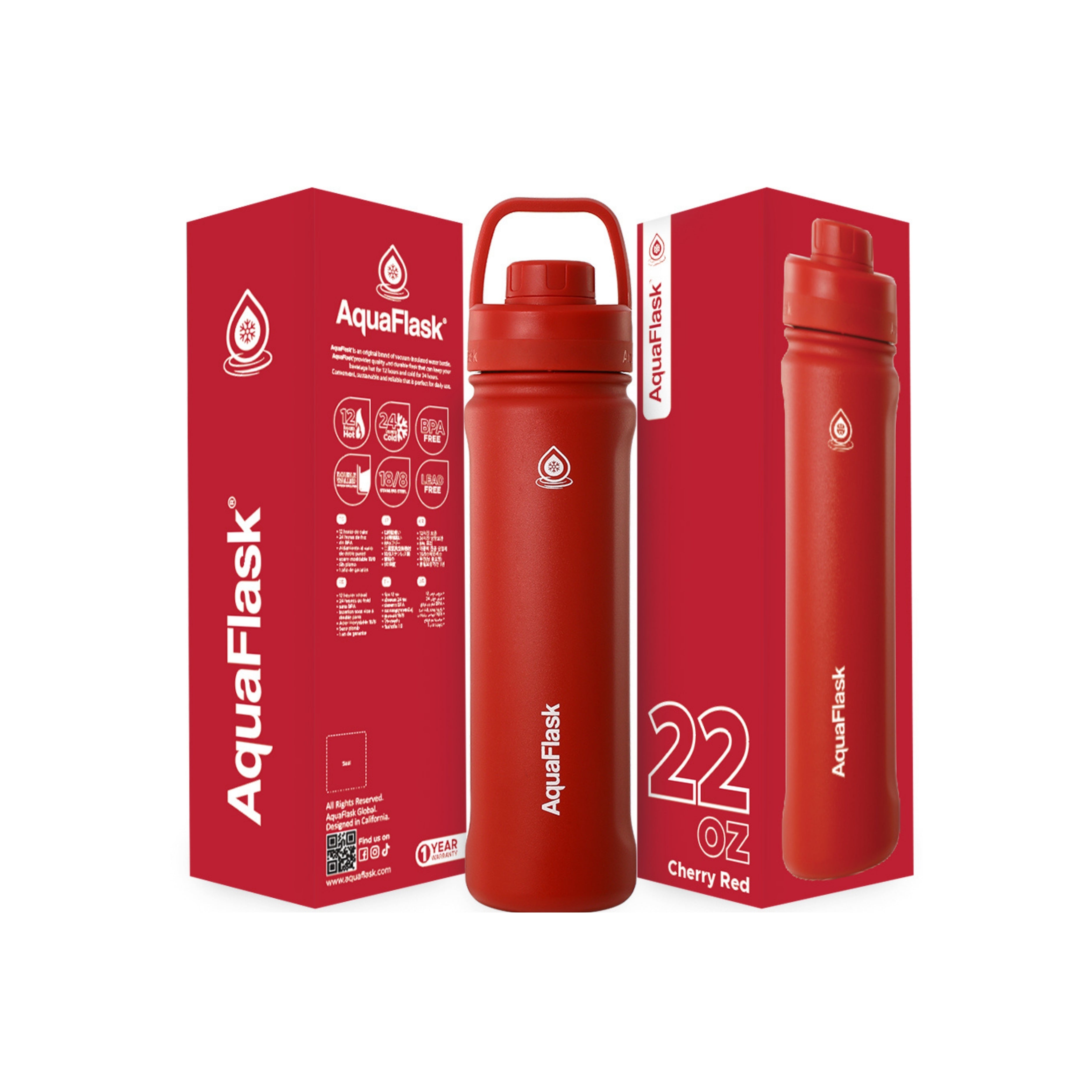Rote AquaFlask Sports Lid Bottle Edelstahl Trinkflasche 650 ml (22 oz) mit Sports Lid und Haltegriff neben Originalverpackung in Cherry Red