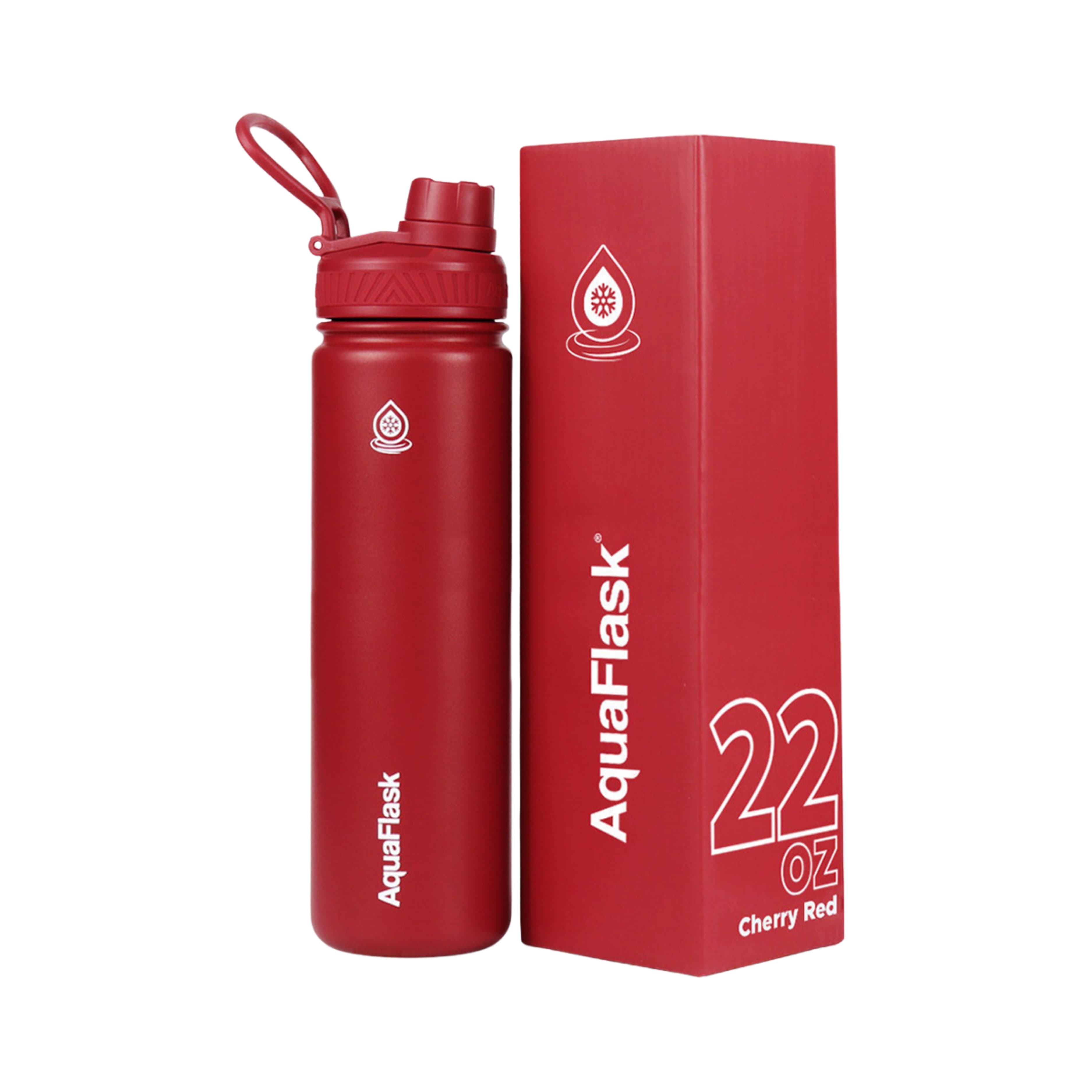 Rote AquaFlask Regular Edelstahl Trinkflasche 650 ml (22 oz) mit Flip-Top-Sportdeckel neben Originalverpackung in Cherry Red