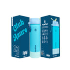 Türkis AquaFlask Colorwave Flip Sip Lid Collection Edelstahl Trinkflasche 650 ml (22 oz) mit Flip-Sip-Deckel neben Originalverpackung in Club Azure