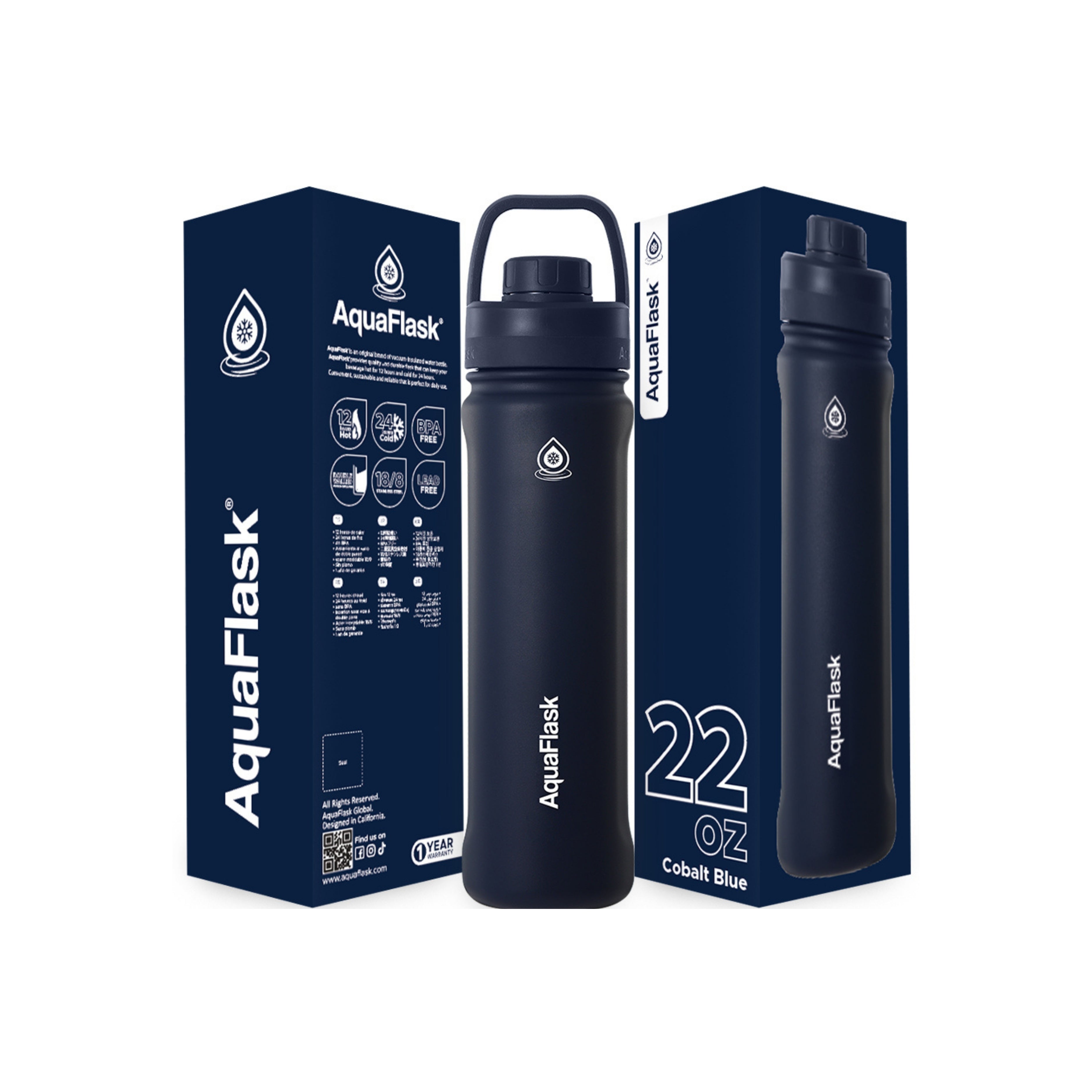 Blaue AquaFlask Sports Lid Bottle Edelstahl Trinkflasche 650 ml (22 oz) mit Sports Lid und Haltegriff neben Originalverpackung in Cobalt Blue