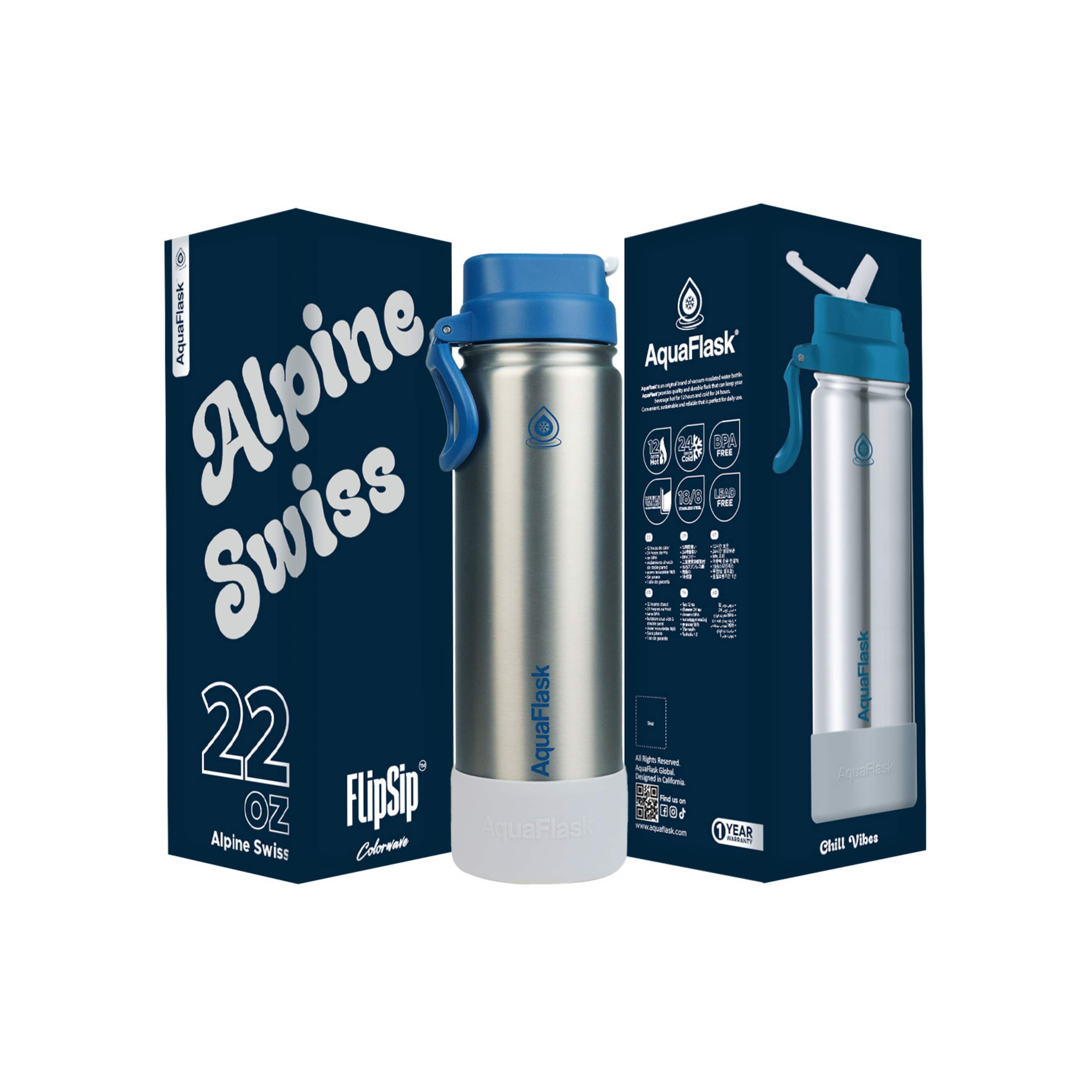 Silber Edelstahlgebürstet AquaFlask Colorwave Flip Sip Lid Collection Edelstahl Trinkflasche 650 ml (22 oz) mit Flip-Sip-Deckel neben Originalverpackung in Alpine Swiss