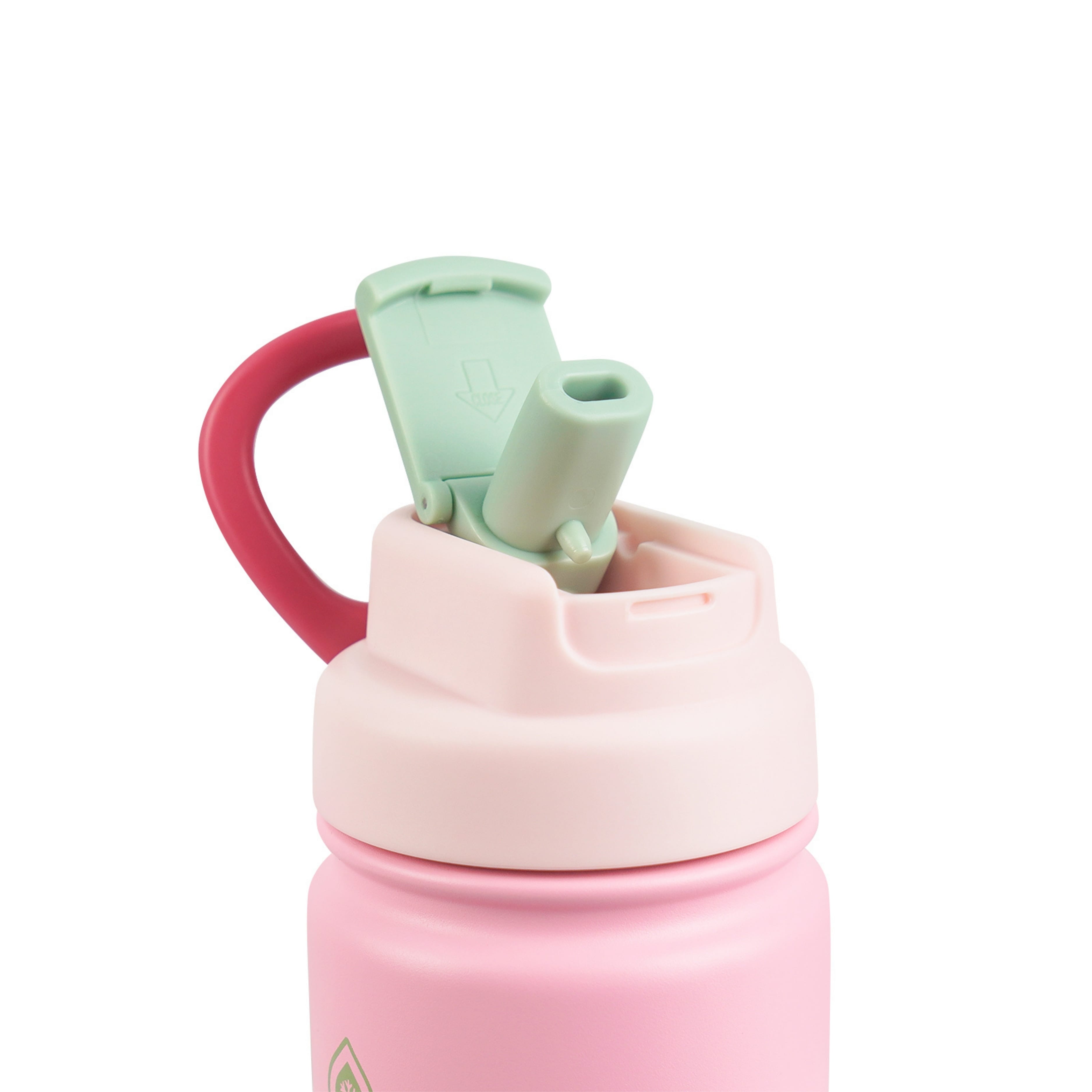 Detailaufnahme des rosa Flip-Sip-Deckels der AquaFlask Colorwave Flip Sip Lid Collection Edelstahl Trinkflasche 650 ml (22 oz) geöffnet