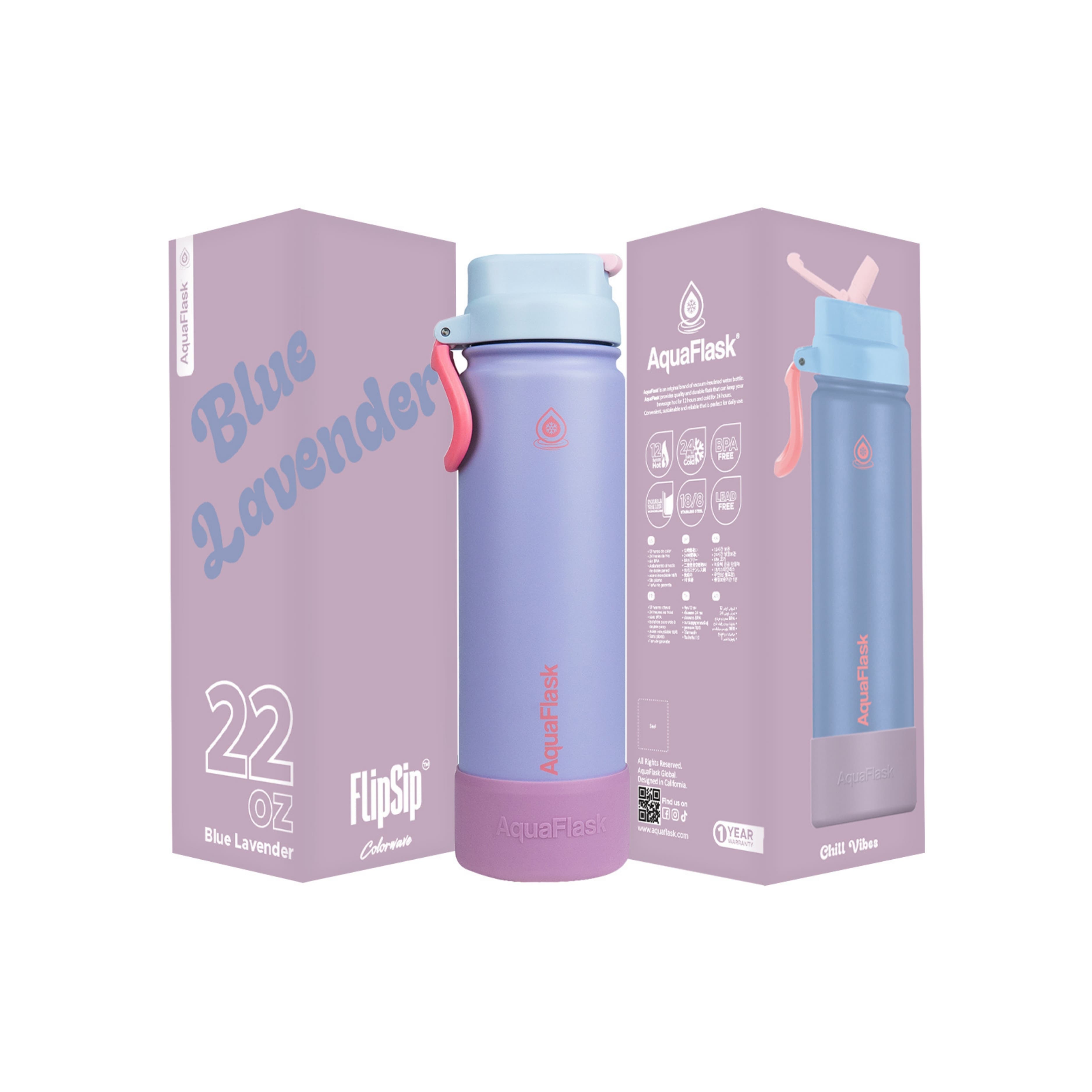 Lila AquaFlask Colorwave Flip Sip Lid Collection Edelstahl Trinkflasche 650 ml (22 oz) mit Flip-Sip-Deckel neben Originalverpackung in Blue Lavender