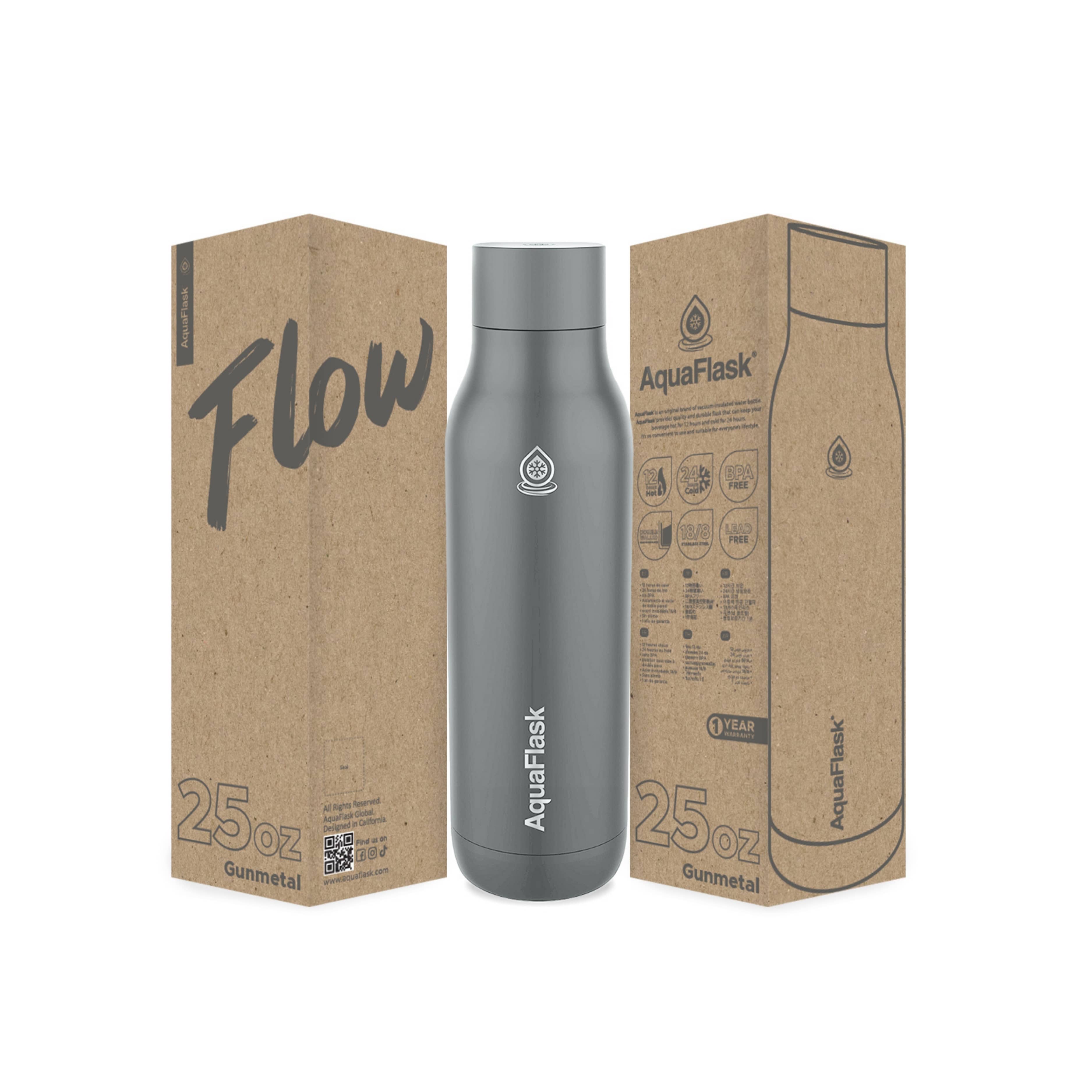 Silber Edelstahlgebürstet AquaFlask Flow Collection Edelstahl Trinkflasche 750 ml (25 oz) mit Schraubdeckel und großer Trinköffnung neben Originalverpackung in Gunmetal