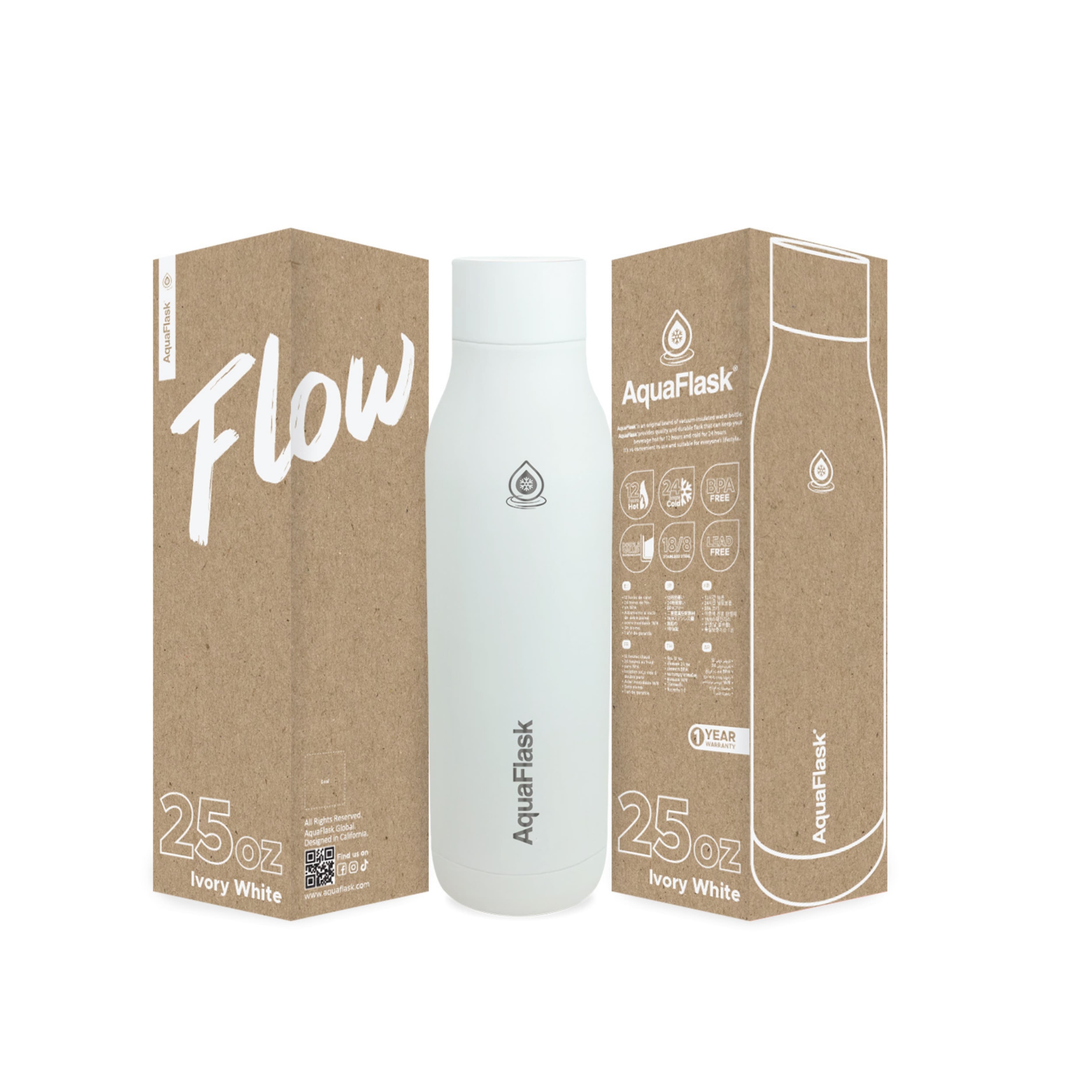 Weiß AquaFlask Flow Collection Edelstahl Trinkflasche 750 ml (25 oz) mit Schraubdeckel und großer Trinköffnung neben Originalverpackung in Ivory White