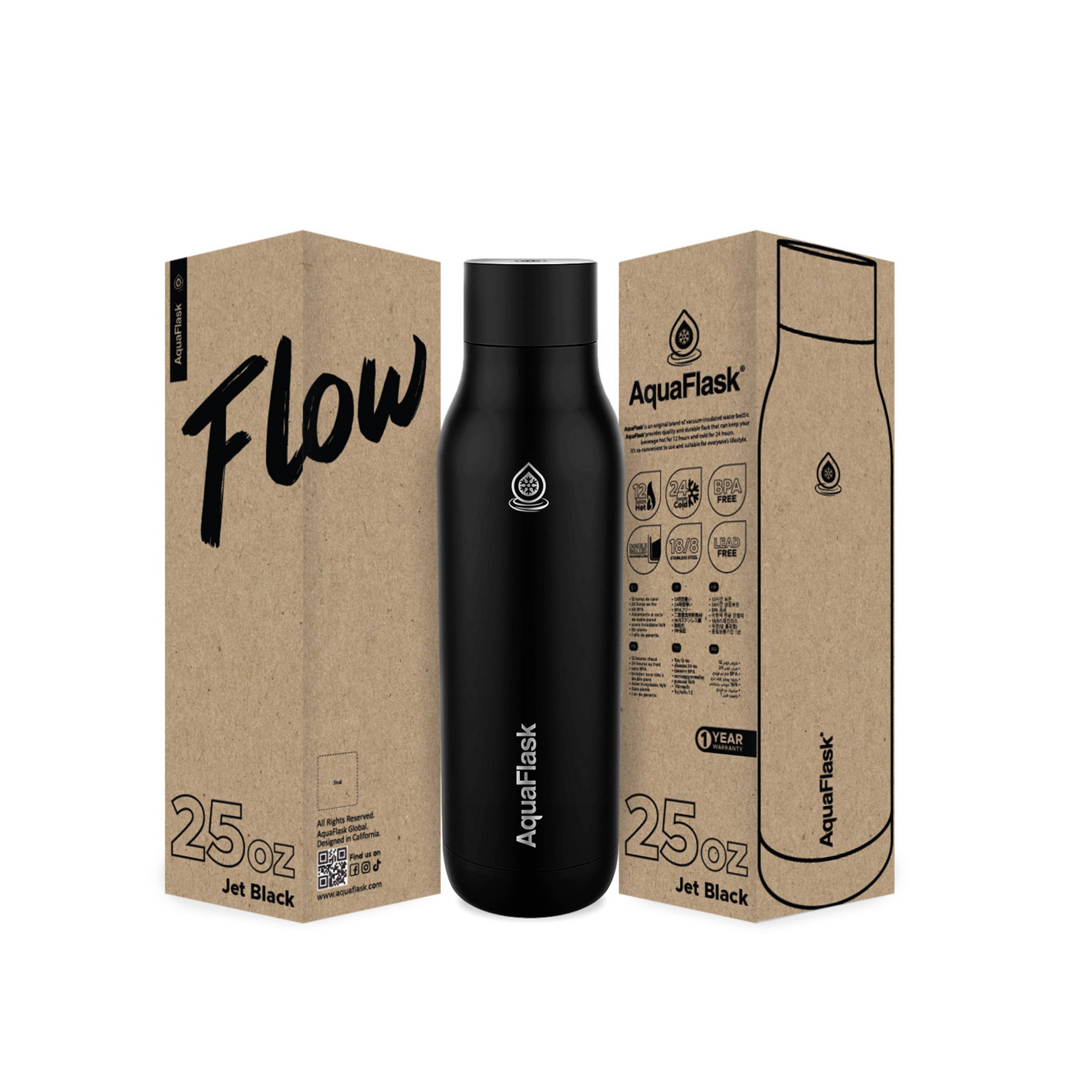 Schwarz AquaFlask Flow Collection Edelstahl Trinkflasche 750 ml (25 oz) mit Schraubdeckel und großer Trinköffnung neben Originalverpackung in Jet Black