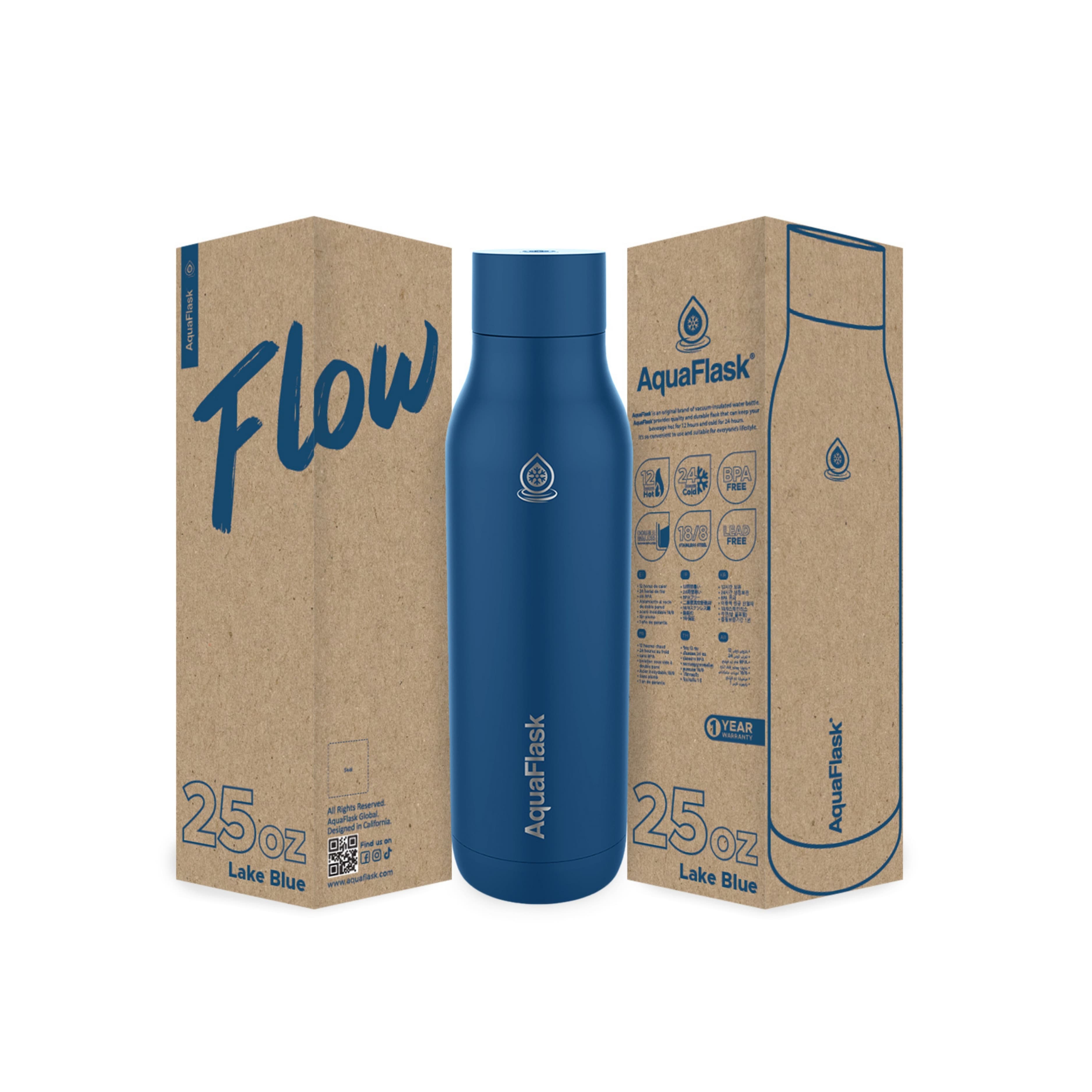 Blau AquaFlask Flow Collection Edelstahl Trinkflasche 750 ml (25 oz) mit Schraubdeckel und großer Trinköffnung neben Originalverpackung in Lake Blue
