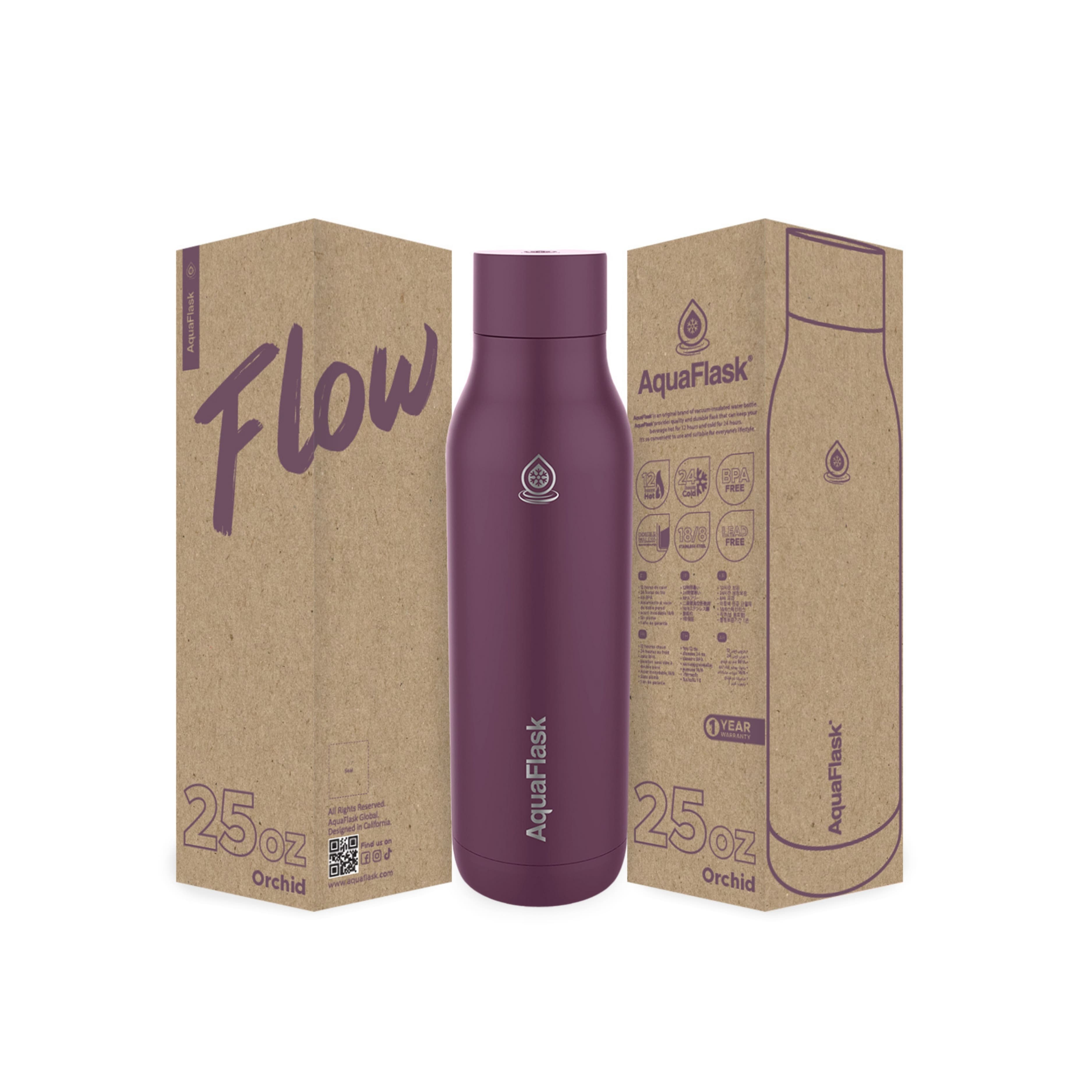 Lila AquaFlask Flow Collection Edelstahl Trinkflasche 750 ml (25 oz) mit Schraubdeckel und großer Trinköffnung neben Originalverpackung in Orchid