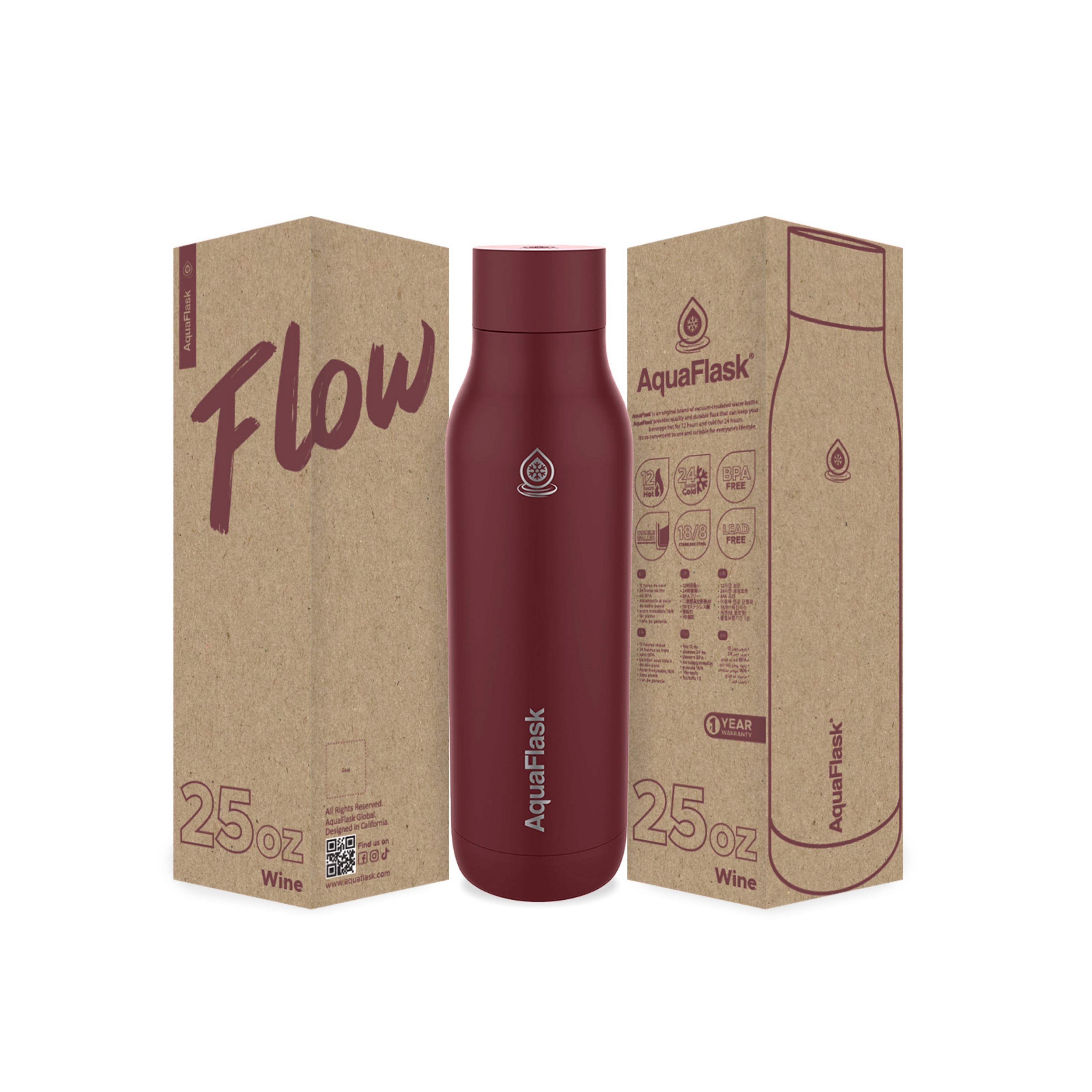 Rot AquaFlask Flow Collection Edelstahl Trinkflasche 750 ml (25 oz) mit Schraubdeckel und großer Trinköffnung neben Originalverpackung in Wine