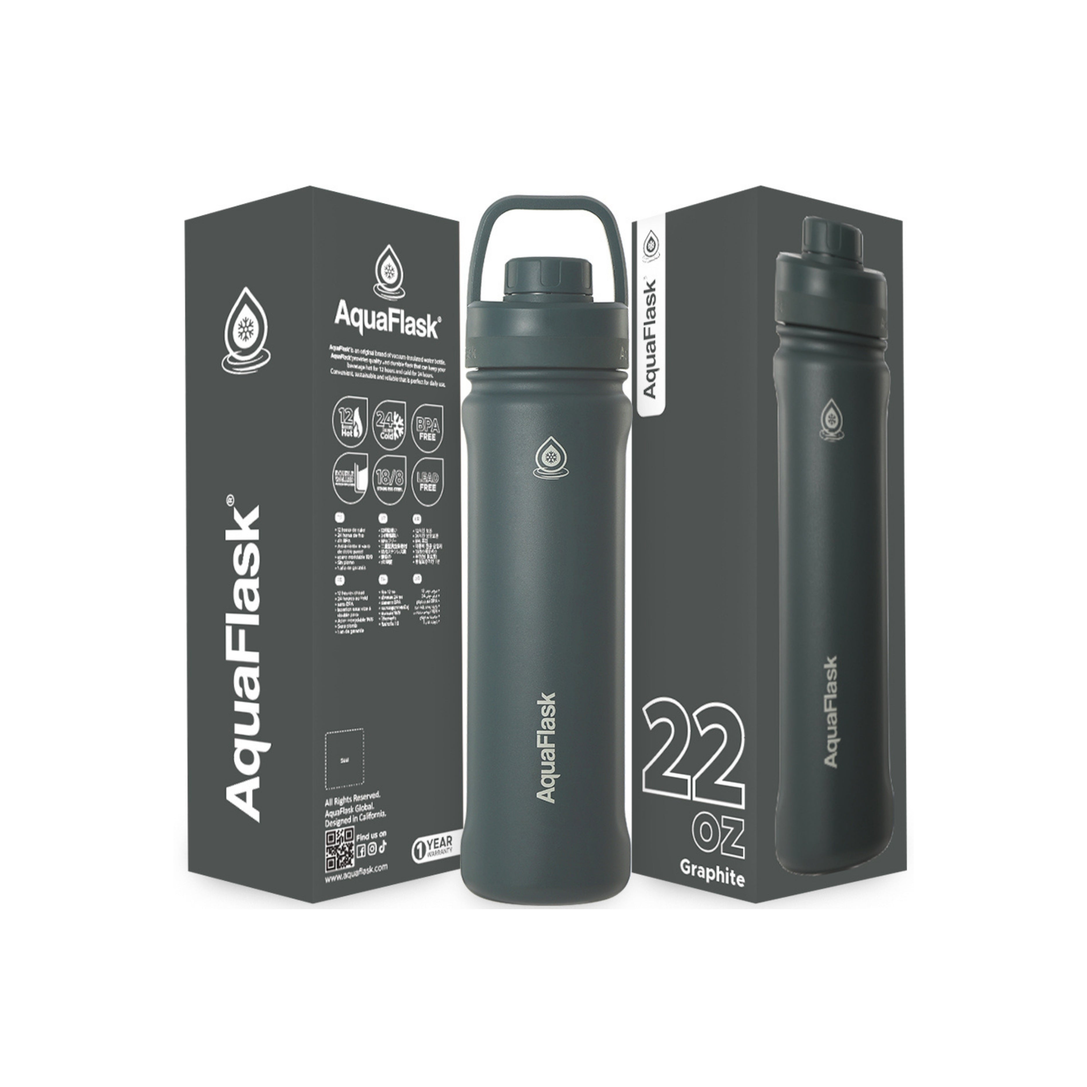 Graue AquaFlask Sports Lid Bottle Edelstahl Trinkflasche 650 ml (22 oz) mit Sports Lid und Haltegriff neben Originalverpackung in Graphite