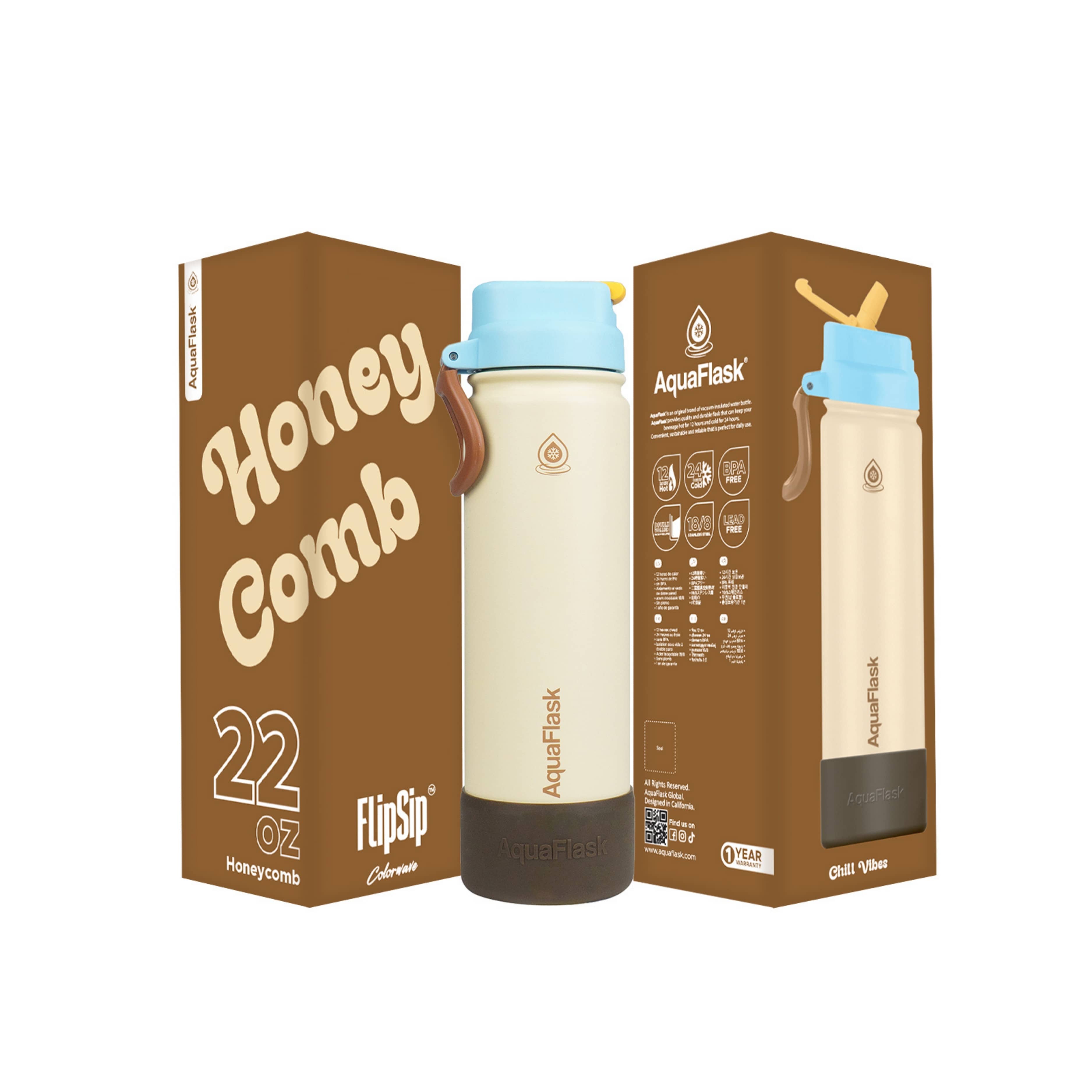 Beige AquaFlask Colorwave Flip Sip Lid Collection Edelstahl Trinkflasche 650 ml (22 oz) mit Flip-Sip-Deckel neben Originalverpackung in Honeycomb