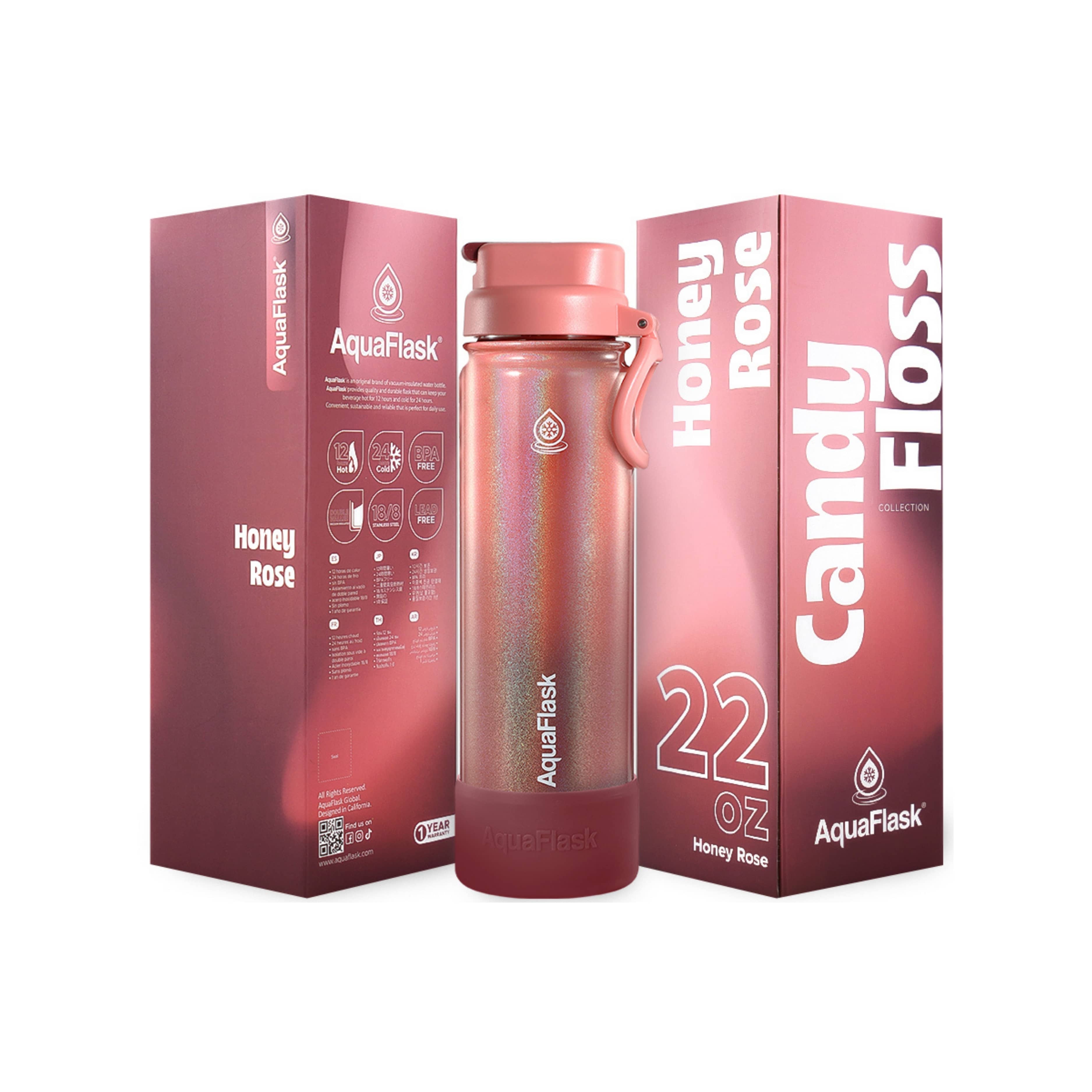 Rot AquaFlask Canny Floss Collection Edelstahl Trinkflasche 650 ml (22 oz) mit schimmerndem Farbverlauf und Strohhalm-Deckel neben Originalverpackung in Honey Rose