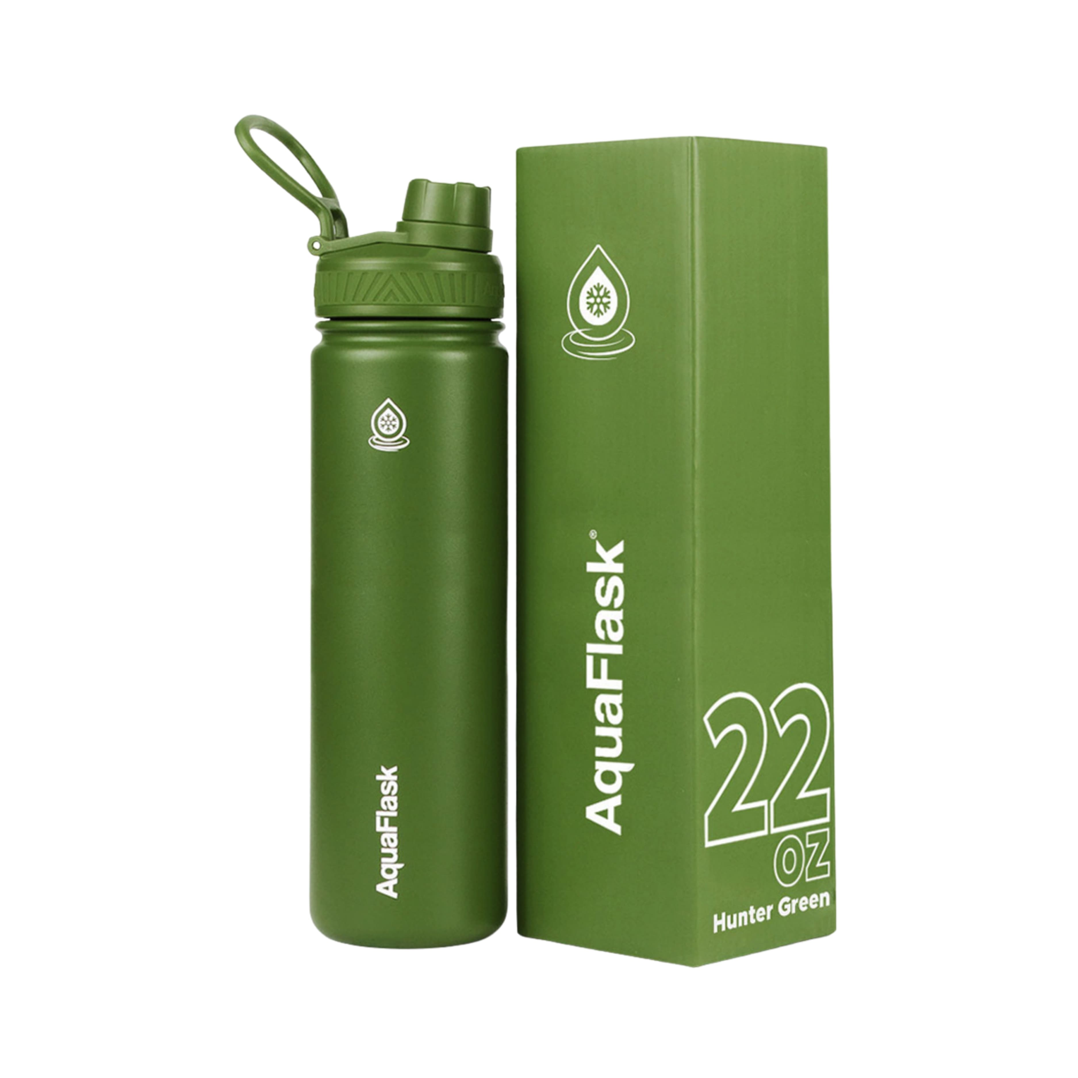 Grüne AquaFlask Regular Edelstahl Trinkflasche 650 ml (22 oz) mit Flip-Top-Sportdeckel neben Originalverpackung in Hunter Green