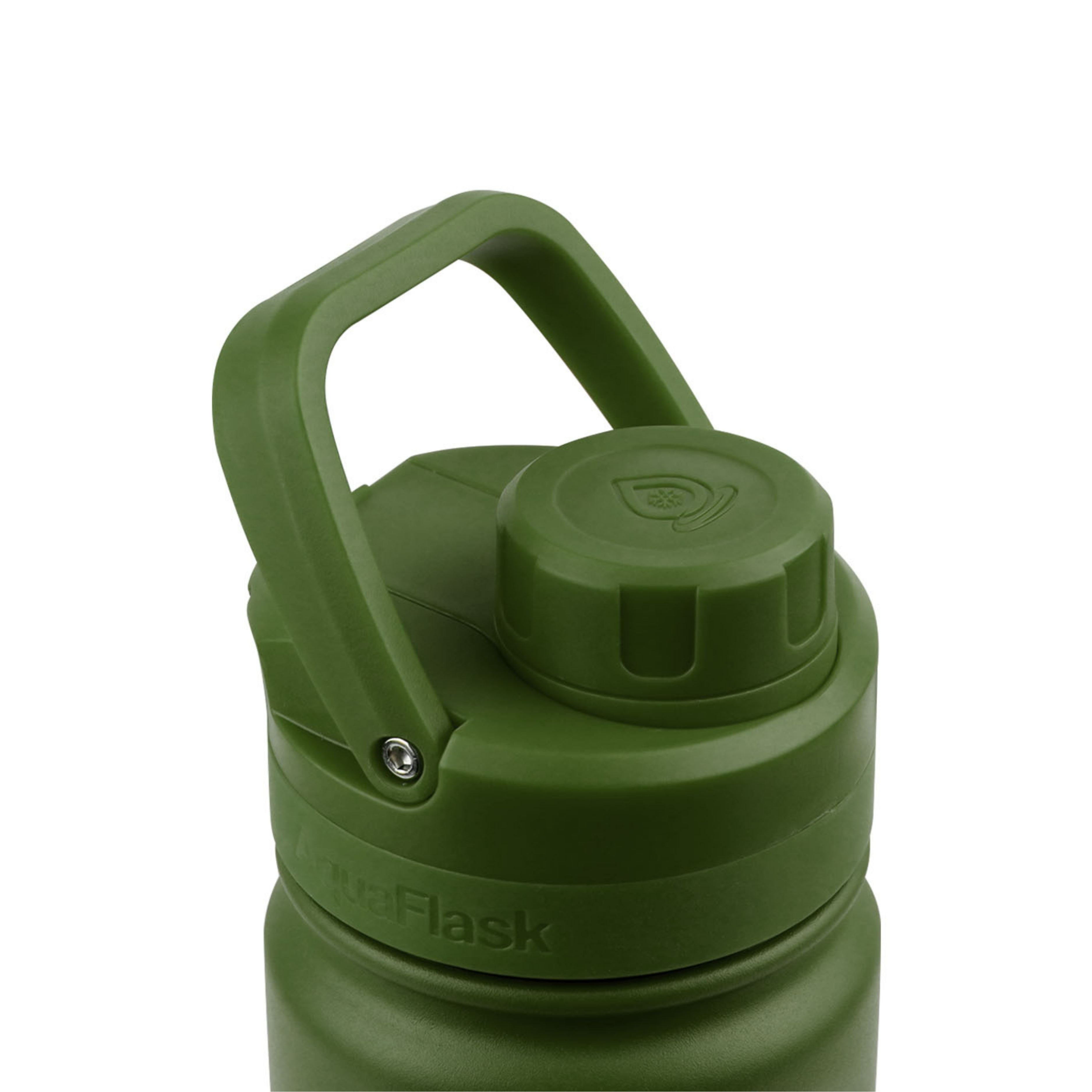 Detailaufnahme des grünen Schraubdeckels mit Haltegriff der AquaFlask Sports Lid Bottle Edelstahl Trinkflasche 650 ml (22 oz)