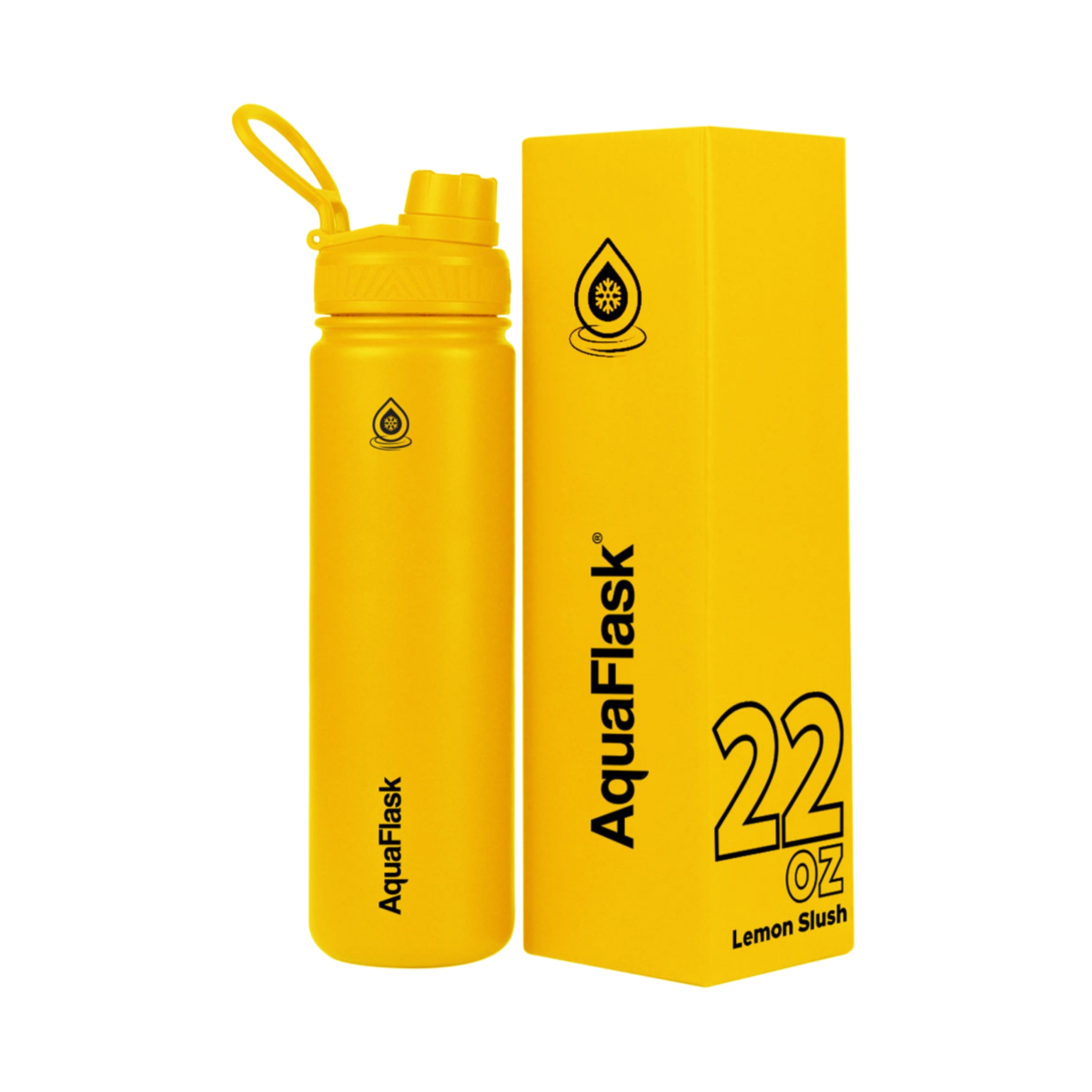Gelbe AquaFlask Regular Edelstahl Trinkflasche 650 ml (22 oz) mit Flip-Top-Sportdeckel neben Originalverpackung in Lemon Slush