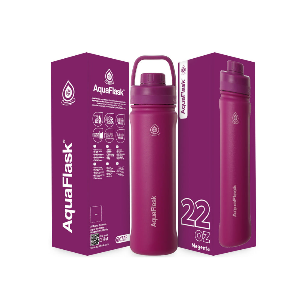 Rosa AquaFlask Sports Lid Bottle Edelstahl Trinkflasche 650 ml (22 oz) mit Sports Lid und Haltegriff neben Originalverpackung in Magenta