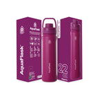 Rosa AquaFlask Sports Lid Bottle Edelstahl Trinkflasche 650 ml (22 oz) mit Sports Lid und Haltegriff neben Originalverpackung in Magenta