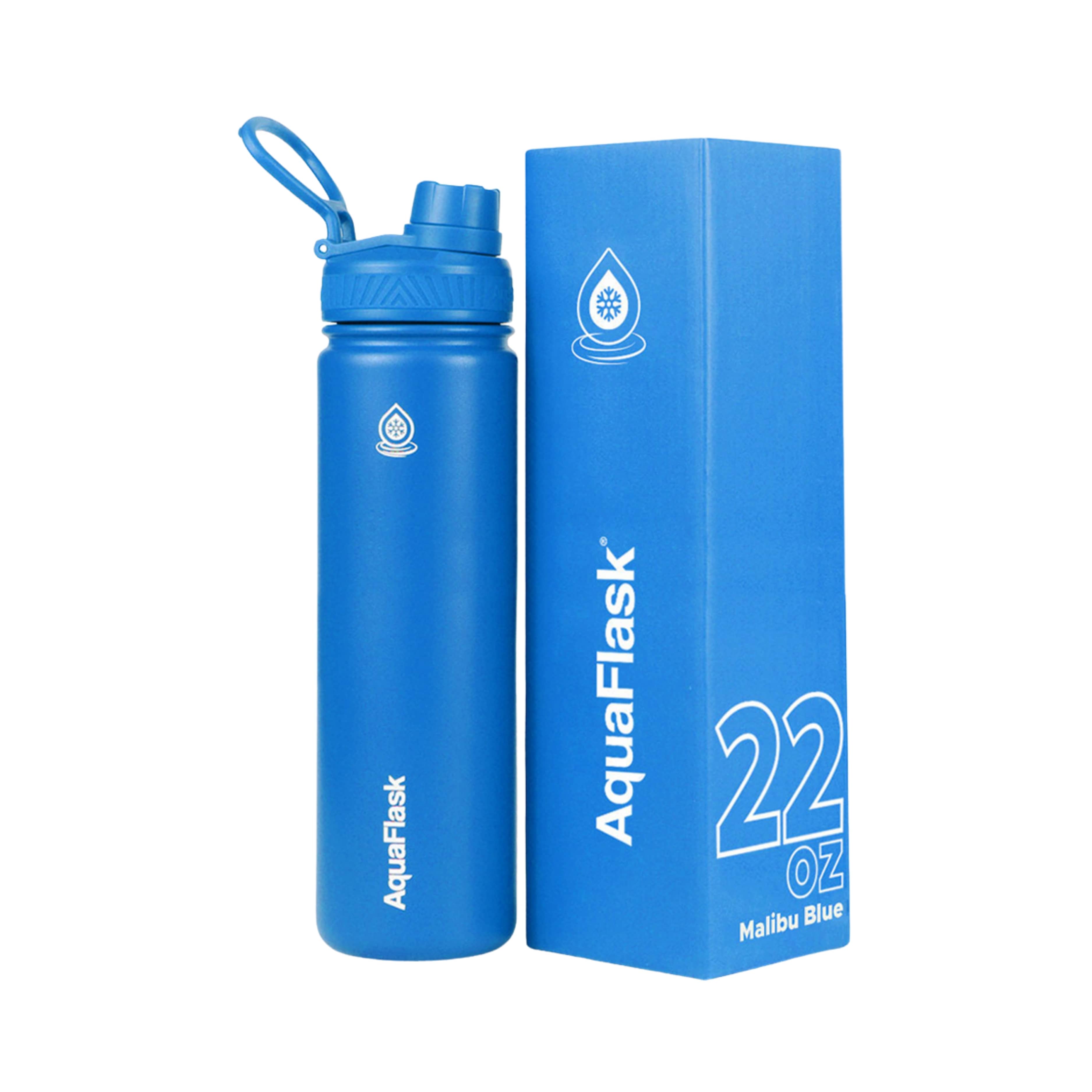 Blaue AquaFlask Regular Edelstahl Trinkflasche 650 ml (22 oz) mit Flip-Top-Sportdeckel neben Originalverpackung in Malibu Blue