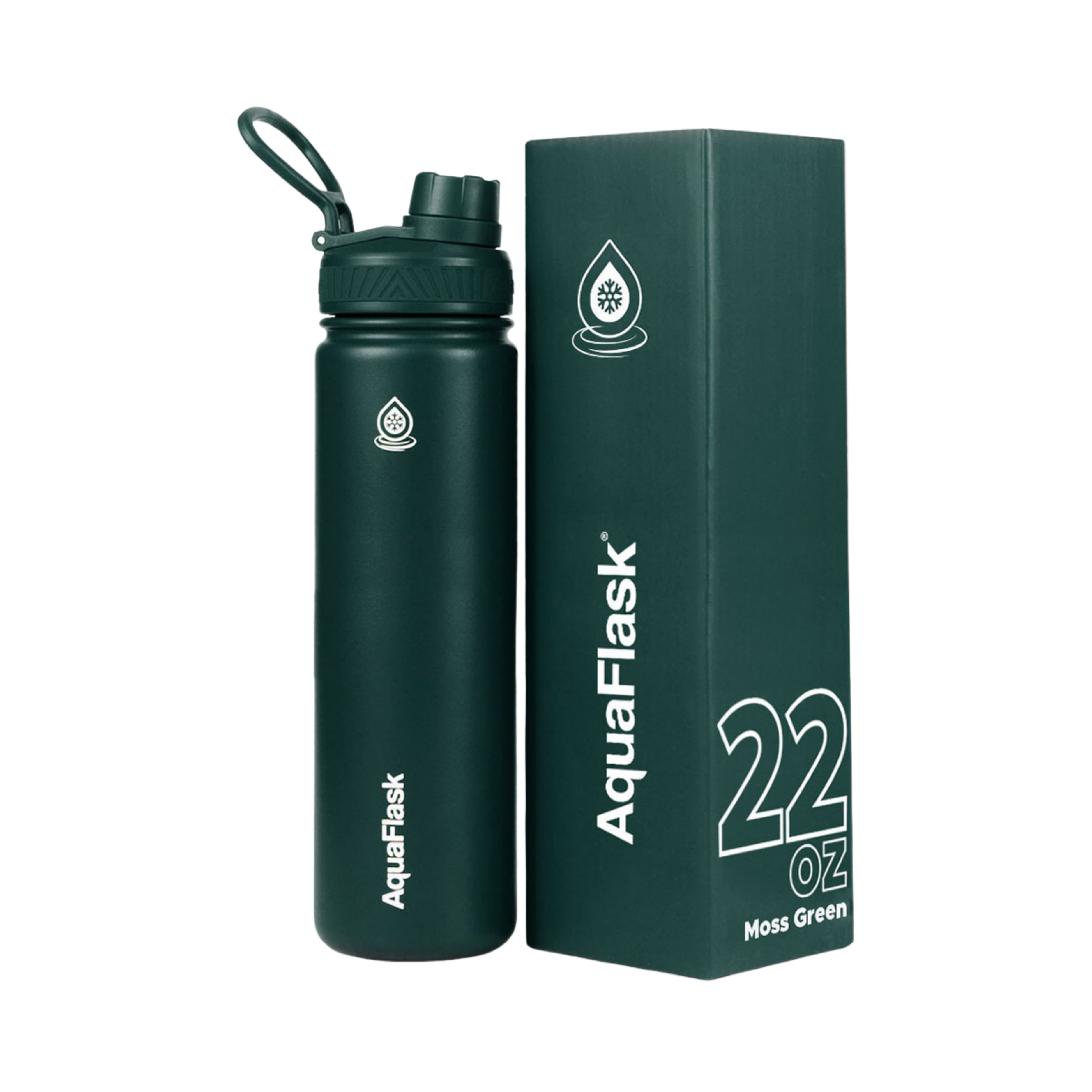 Dunkelgrüne AquaFlask Regular Edelstahl Trinkflasche 650 ml (22 oz) mit Flip-Top-Sportdeckel neben Originalverpackung in Moss Green