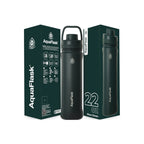 Grün AquaFlask Sports Lid Bottle Edelstahl Trinkflasche 650 ml (22 oz) mit Sports Lid und Haltegriff neben Originalverpackung in Moss Green