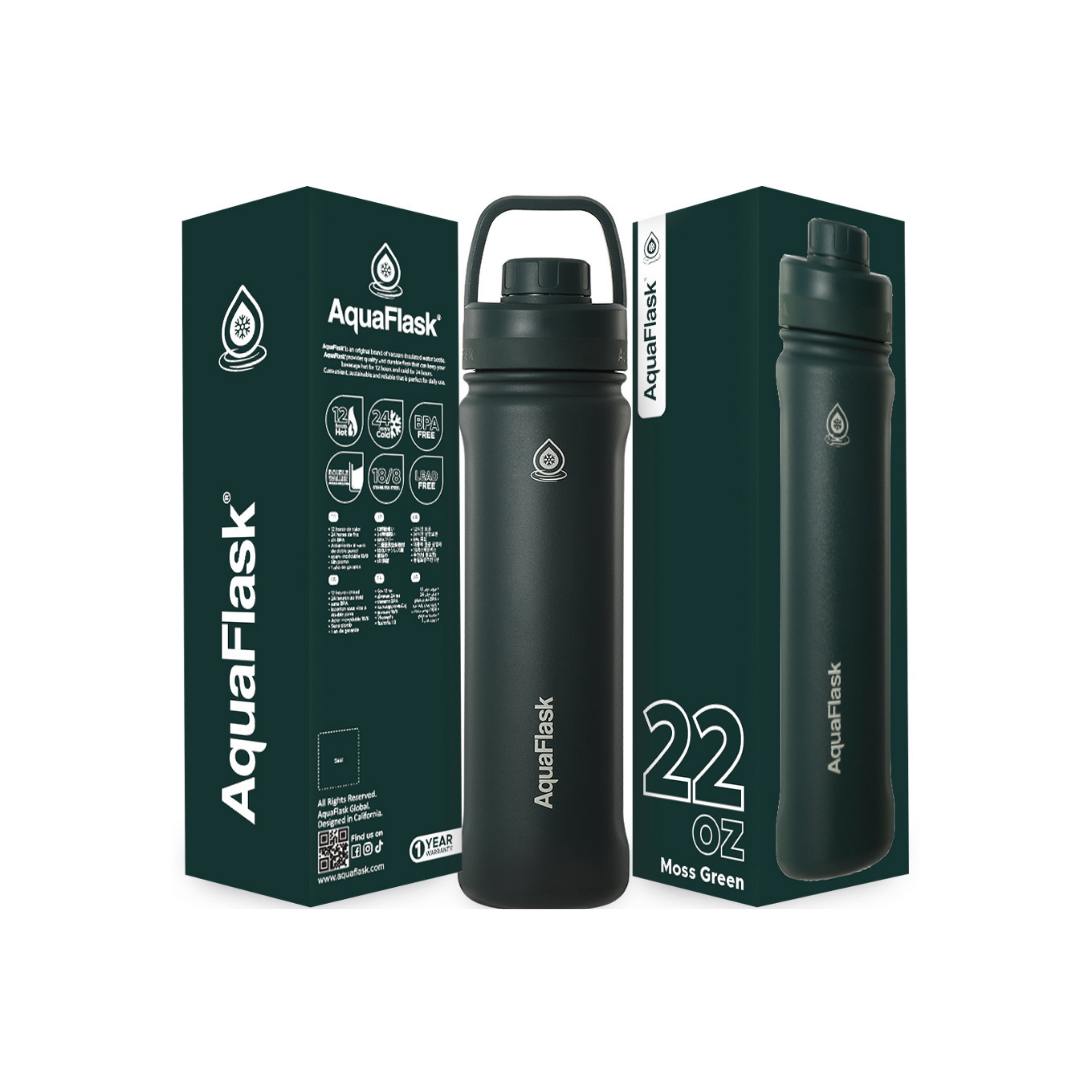 Grün AquaFlask Sports Lid Bottle Edelstahl Trinkflasche 650 ml (22 oz) mit Sports Lid und Haltegriff neben Originalverpackung in Moss Green