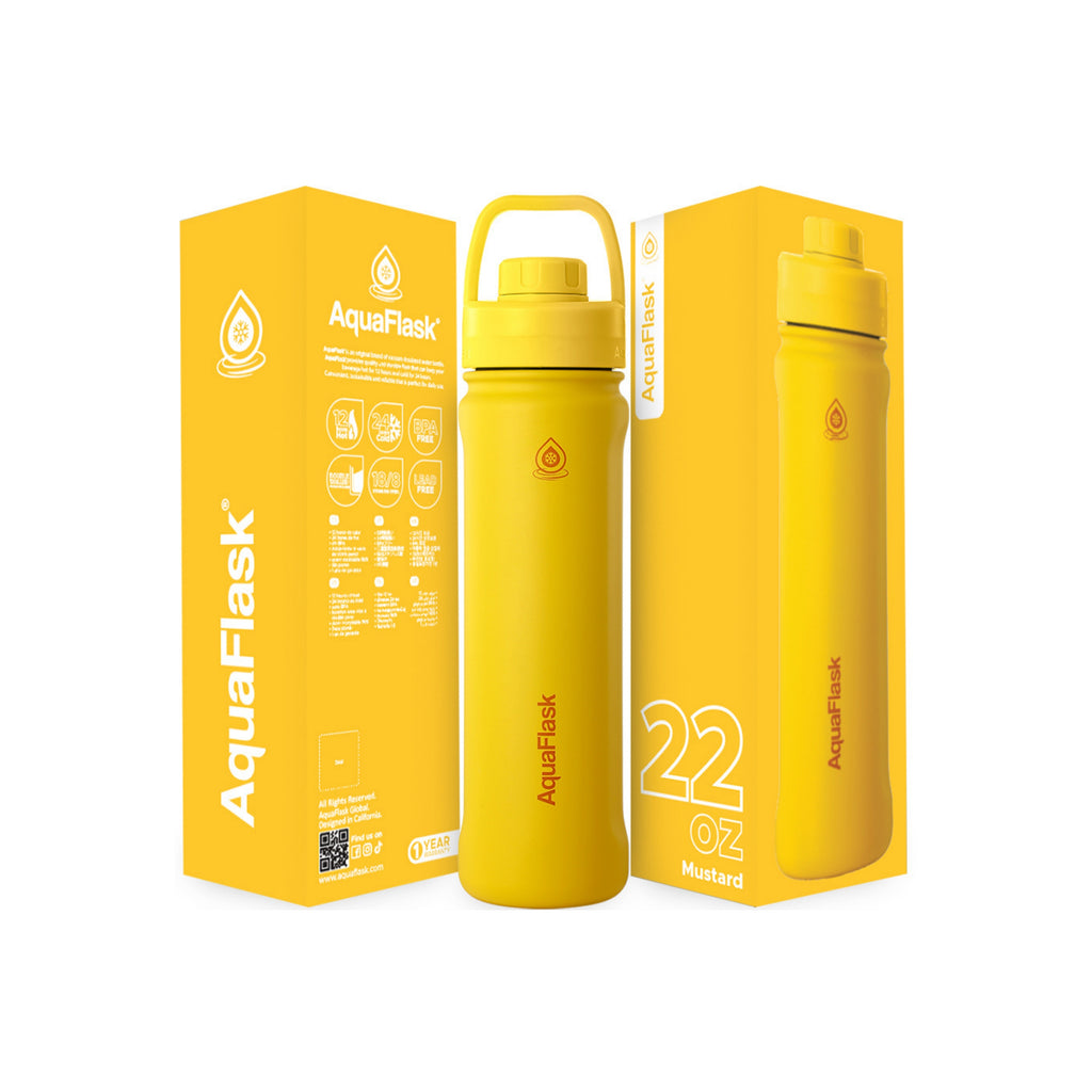 Gelb AquaFlask Sports Lid Bottle Edelstahl Trinkflasche 650 ml (22 oz) mit Sports Lid und Haltegriff neben Originalverpackung in Mustard