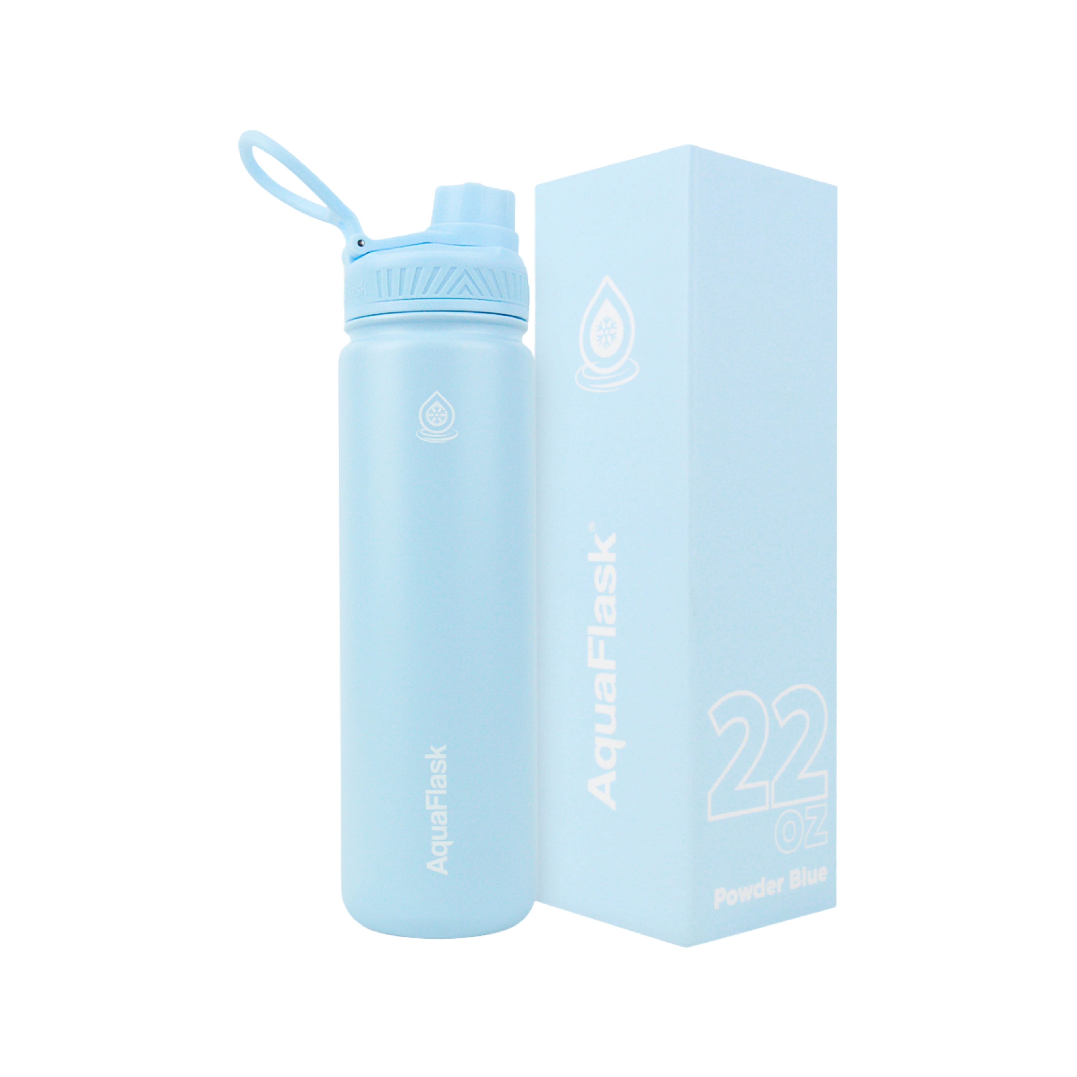 Hellblaue AquaFlask Regular Edelstahl Trinkflasche 650 ml (22 oz) mit Flip-Top-Sportdeckel neben Originalverpackung in Powder Blue