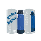 Blau AquaFlask Colorwave Flip Sip Lid Collection Edelstahl Trinkflasche 650 ml (22 oz) mit Flip-Sip-Deckel neben Originalverpackung in Riviera Lagoon