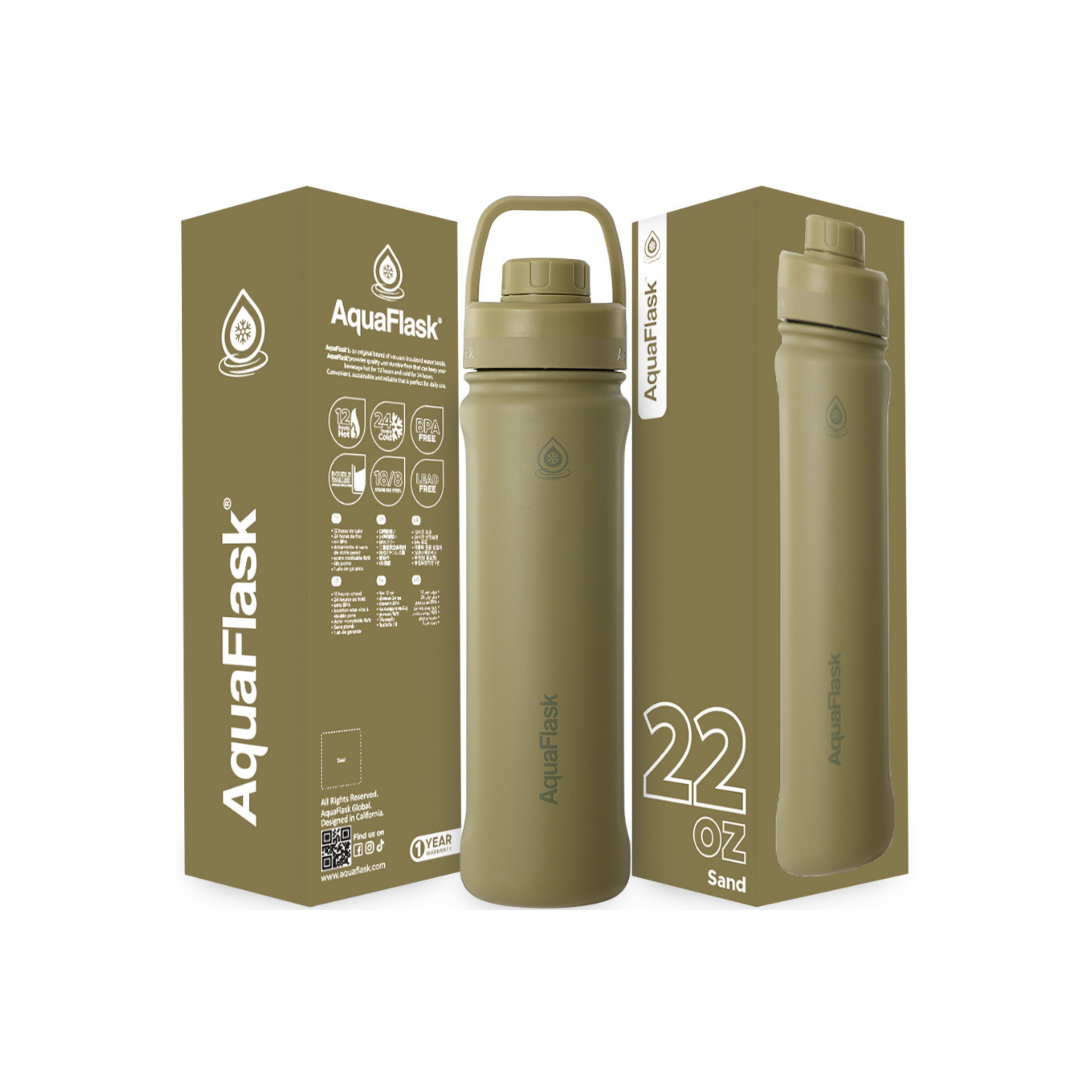 Grün AquaFlask Sports Lid Bottle Edelstahl Trinkflasche 650 ml (22 oz) mit Sports Lid und Haltegriff neben Originalverpackung in Sand