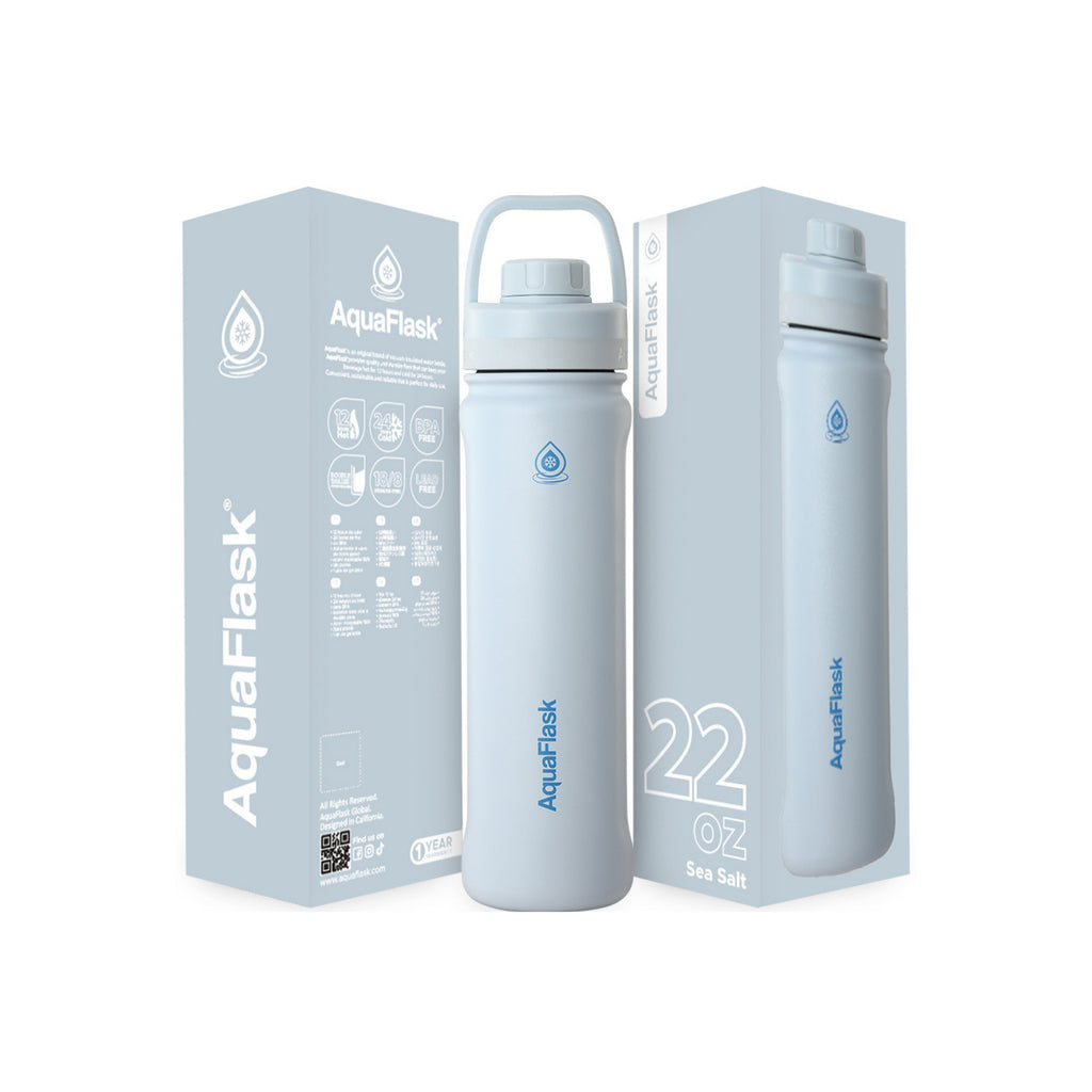 Blau AquaFlask Sports Lid Bottle Edelstahl Trinkflasche 650 ml (22 oz) mit Sports Lid und Haltegriff neben Originalverpackung in Sea Salt