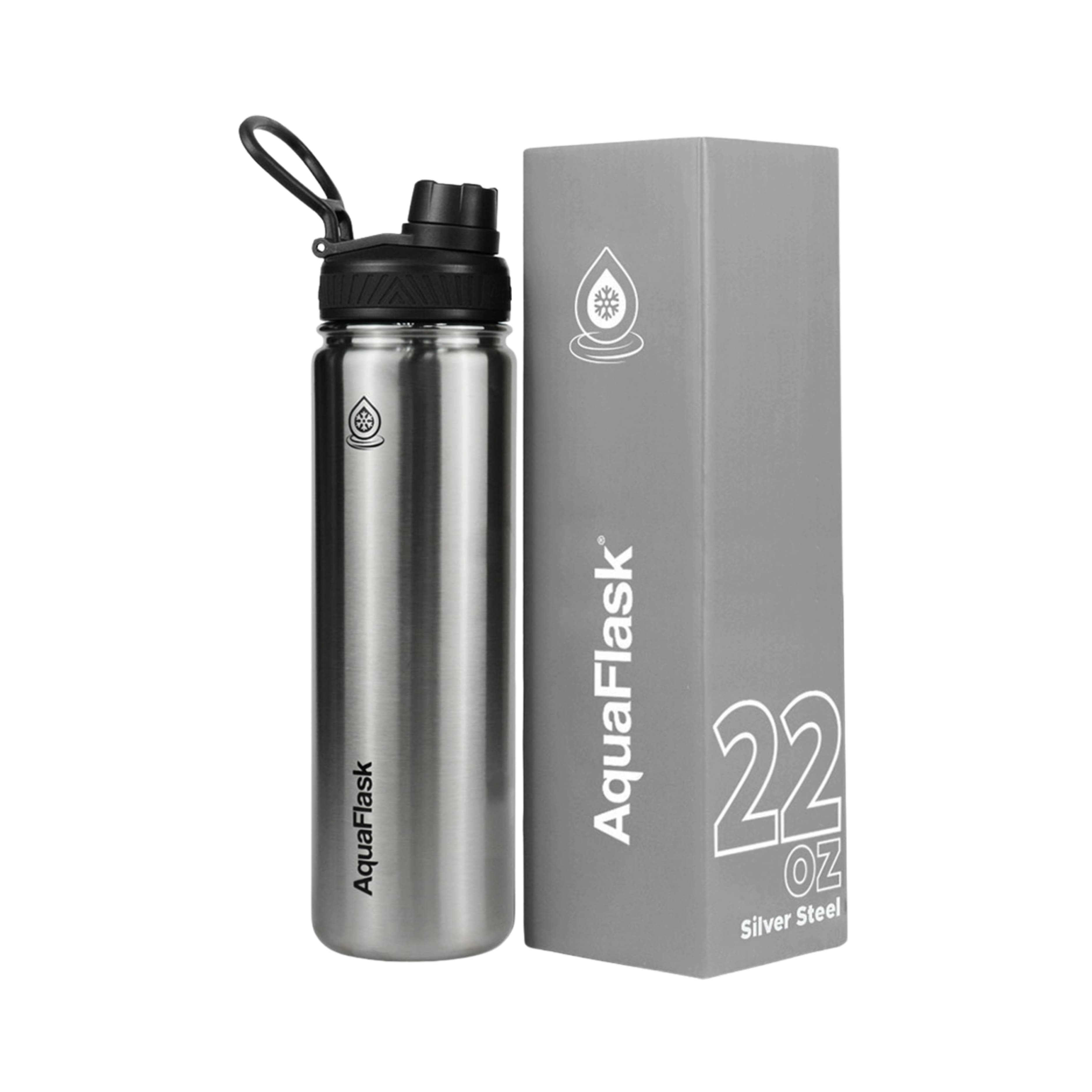 AquaFlask Regular Edelstahl Trinkflasche 650 ml (22 oz) aus gebürstetem Edelstahl mit Flip-Top-Sportdeckel neben Originalverpackung in Silver Steel