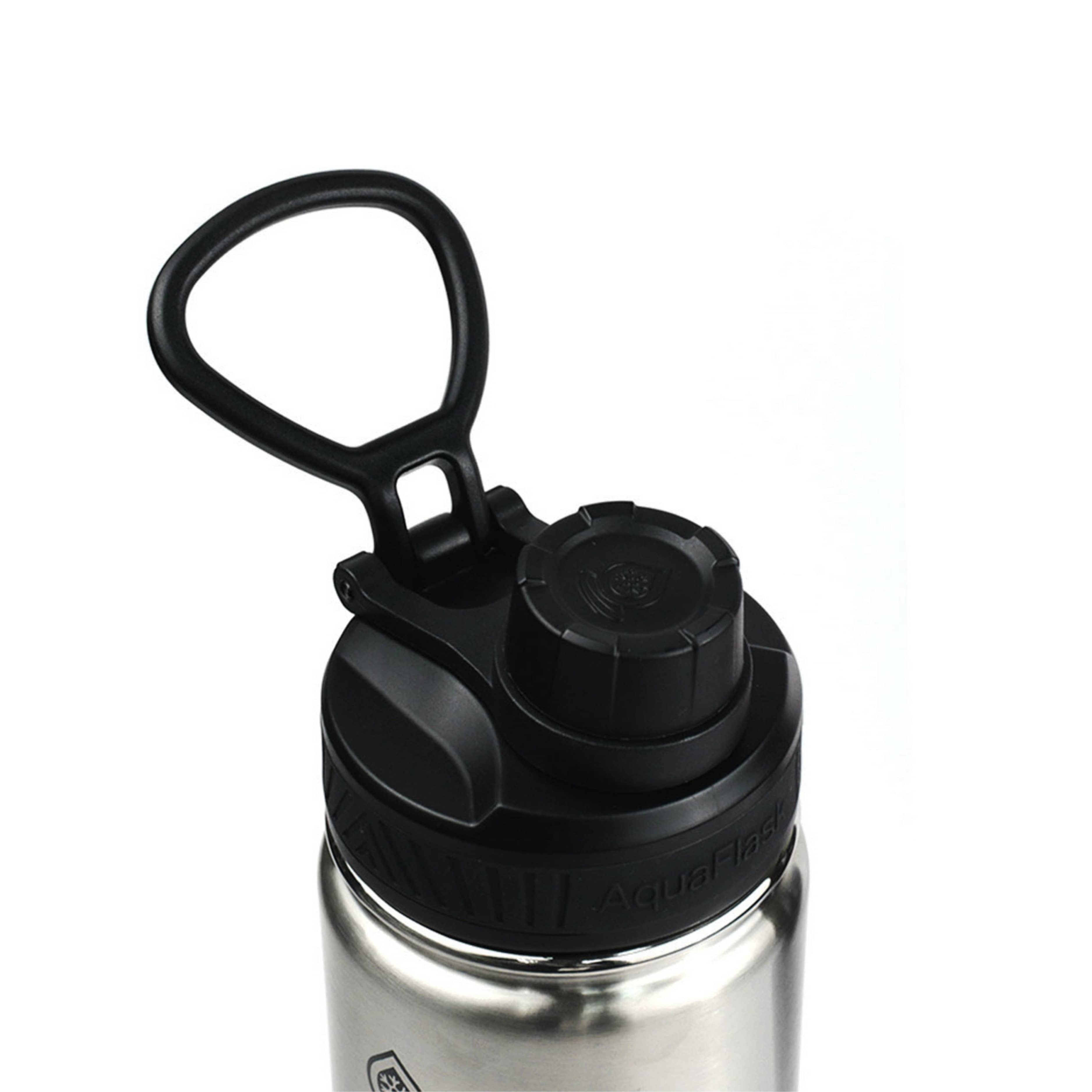 Detailaufnahme des schwarzen Flip-Top-Sportdeckels der AquaFlask Regular Edelstahl Trinkflasche 650 ml (22 oz) aus gebürstetem Edelstahl in Silver Steel