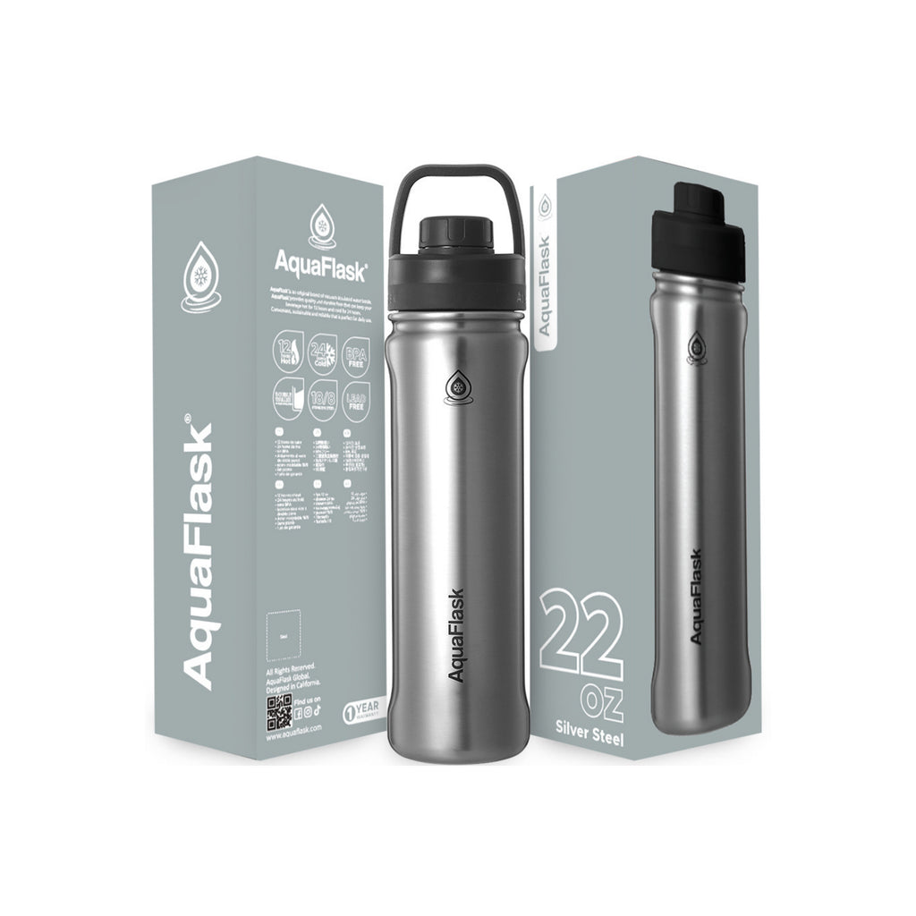Silber Edelstahlgebürstet AquaFlask Sports Lid Bottle Edelstahl Trinkflasche 650 ml (22 oz) mit Sports Lid und Haltegriff neben Originalverpackung in Silver Steel