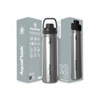 Silber Edelstahlgebürstet AquaFlask Sports Lid Bottle Edelstahl Trinkflasche 650 ml (22 oz) mit Sports Lid und Haltegriff neben Originalverpackung in Silver Steel