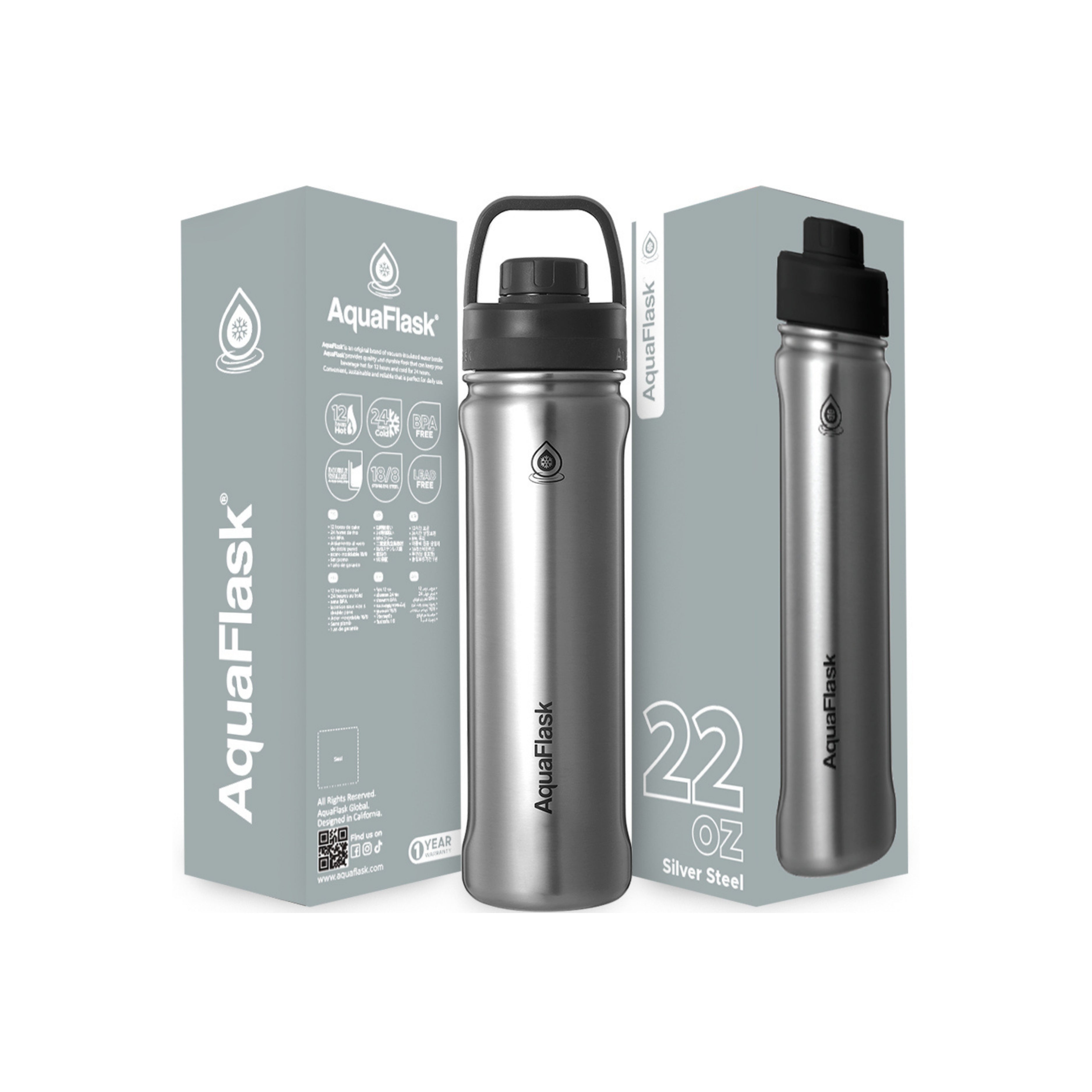 Silber Edelstahlgebürstet AquaFlask Sports Lid Bottle Edelstahl Trinkflasche 650 ml (22 oz) mit Sports Lid und Haltegriff neben Originalverpackung in Silver Steel