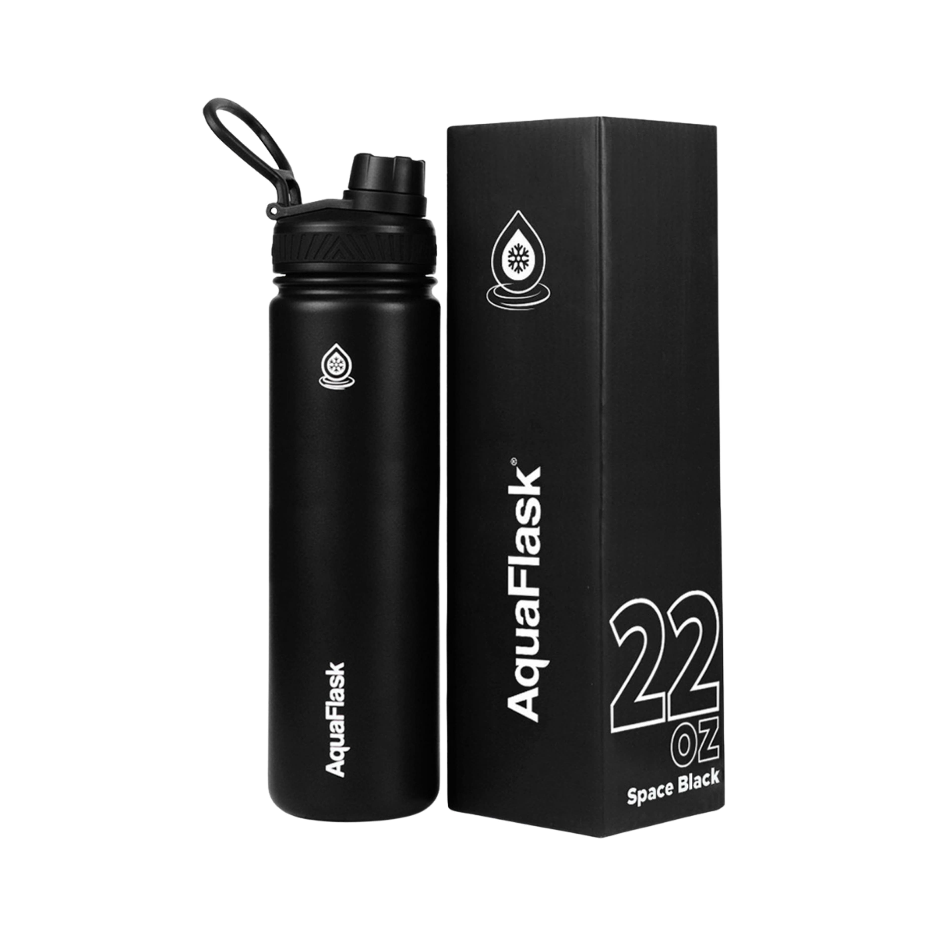 Schwarze AquaFlask Regular Edelstahl Trinkflasche 650 ml (22 oz) mit Flip-Top-Sportdeckel neben Originalverpackung in Space Black