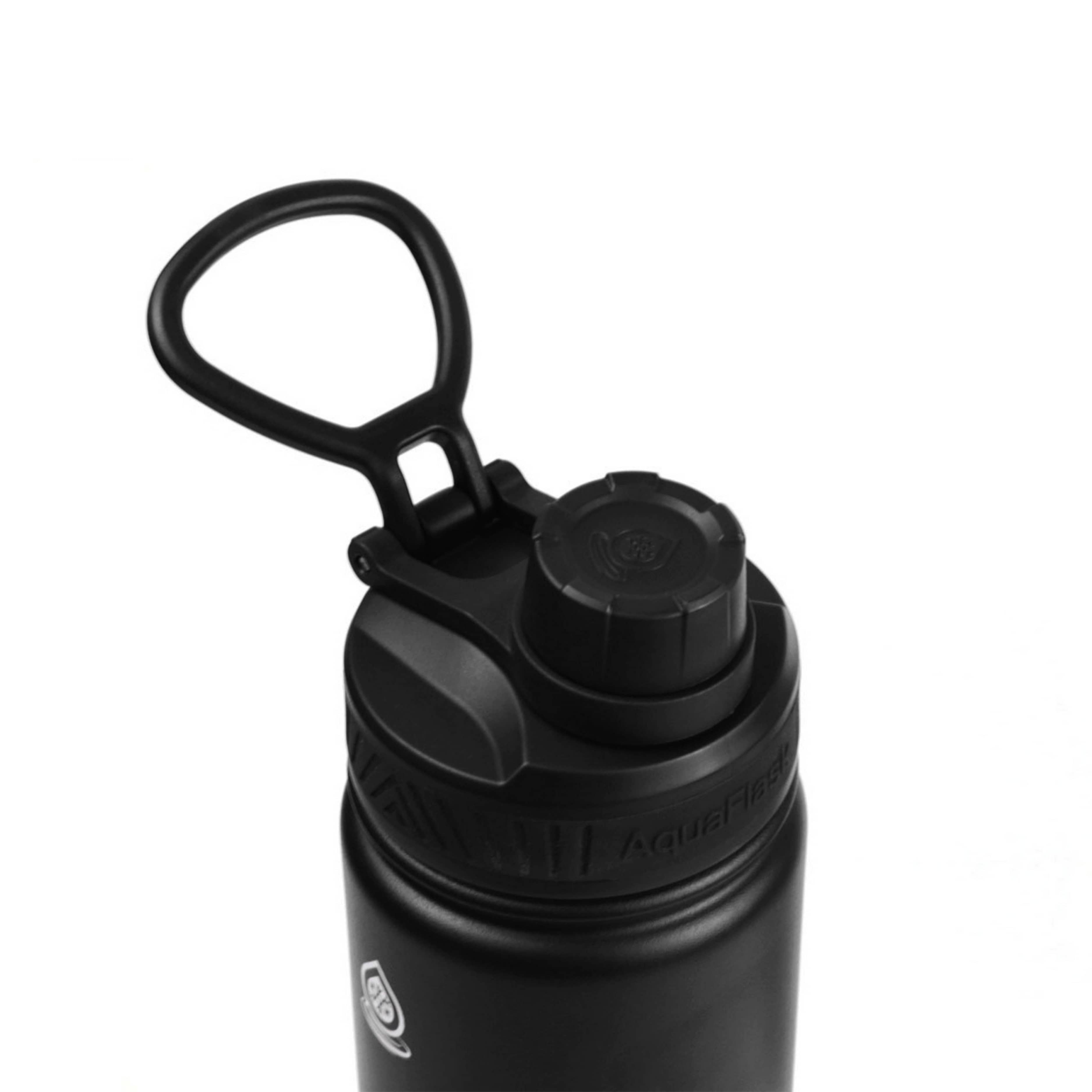 Detailaufnahme des schwarzen Flip-Top-Sportdeckels der AquaFlask Regular Edelstahl Trinkflasche 650 ml (22 oz) in Space Black