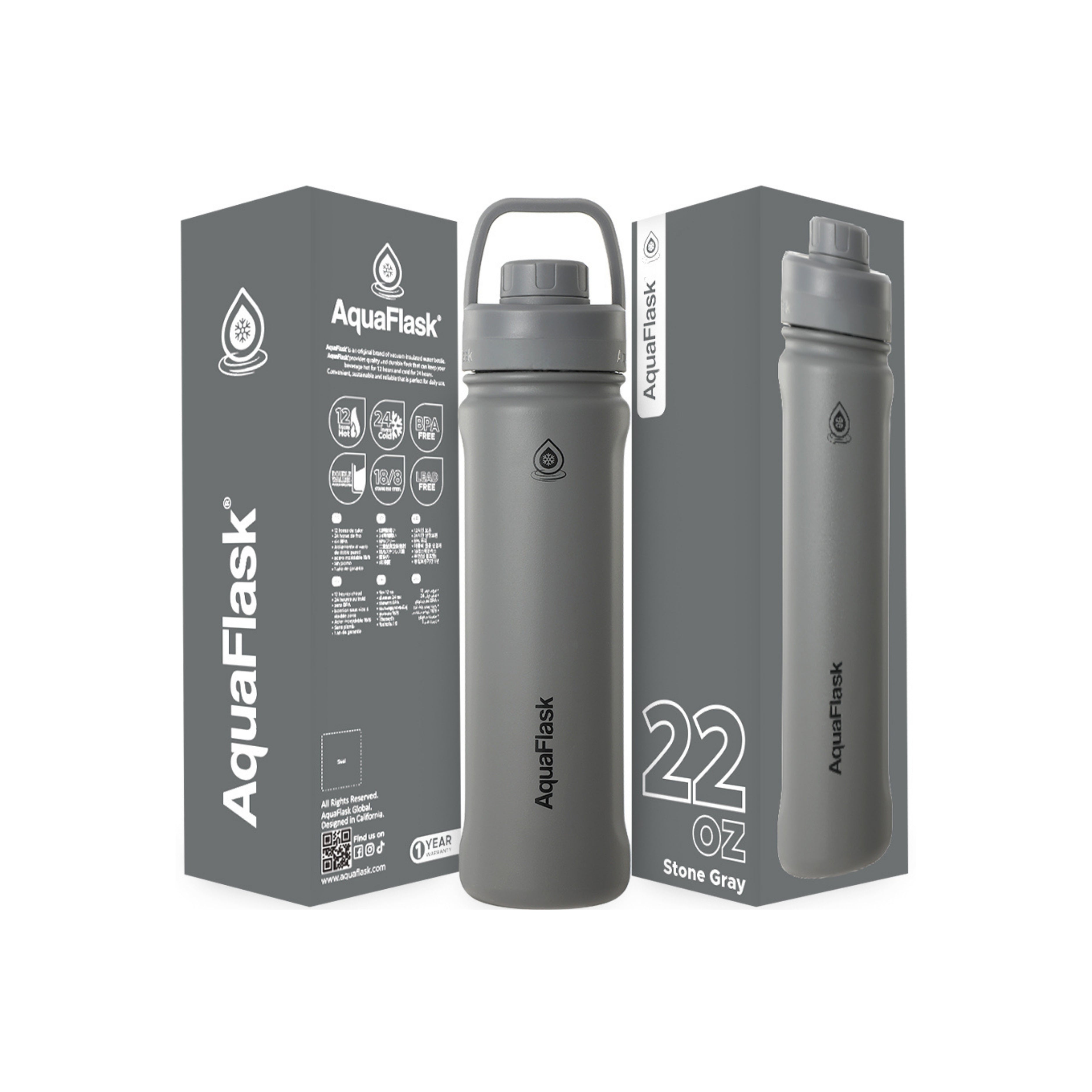 Grau AquaFlask Sports Lid Bottle Edelstahl Trinkflasche 650 ml (22 oz) mit Sports Lid und Haltegriff neben Originalverpackung in Stone Gray