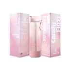 Rosa AquaFlask Canny Floss Collection Edelstahl Trinkflasche 650 ml (22 oz) mit schimmerndem Farbverlauf und Strohhalm-Deckel neben Originalverpackung in Strawberry Cream