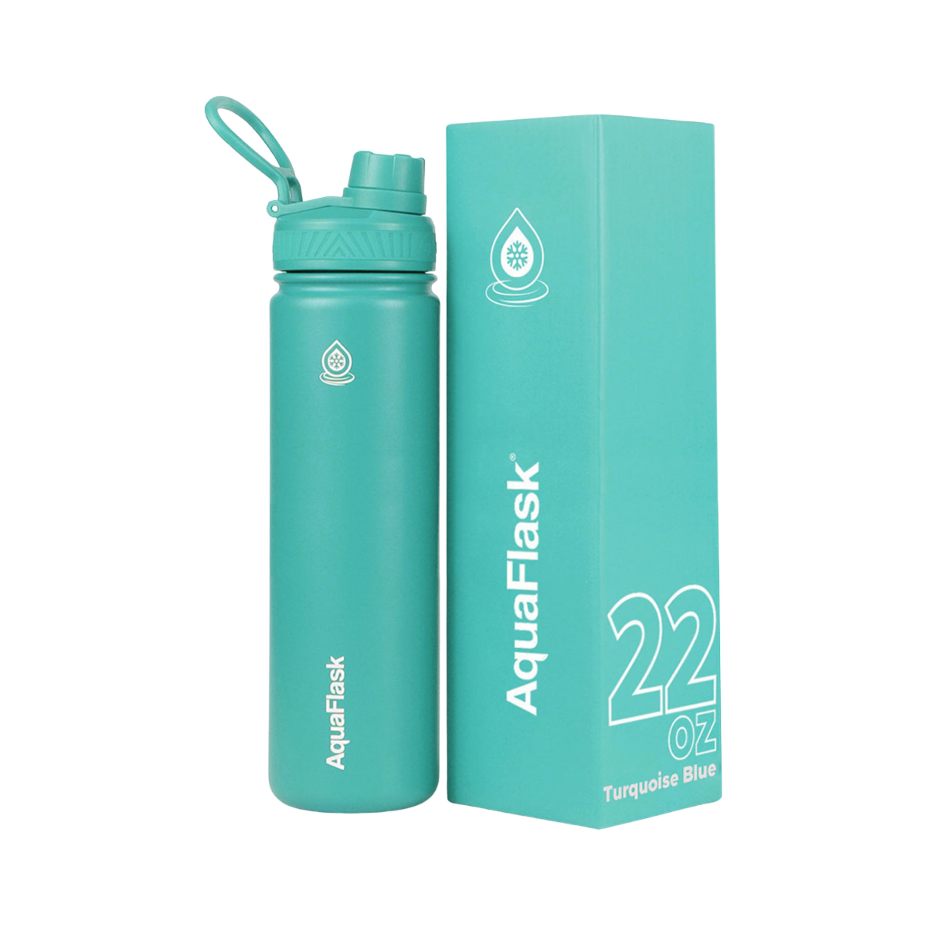 Türkise AquaFlask Regular Edelstahl Trinkflasche 650 ml (22 oz) mit Flip-Top-Sportdeckel neben Originalverpackung in Turquoise Blue